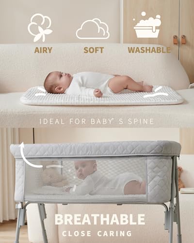 AirClub Bassinet Bedside Sleeper, Baby Bed Crib for Newborn, Bedside Crib Sleeper with 4 Auto-Lock & Adjustable Height, Breathable Mesh&Mattress