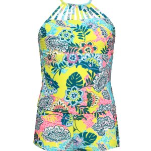 Hobie Girls' Strappy High Neck Tankini Top & Shirred Boyshort Bottom Swimsuit Set, Multi//Venice Vibes, 8