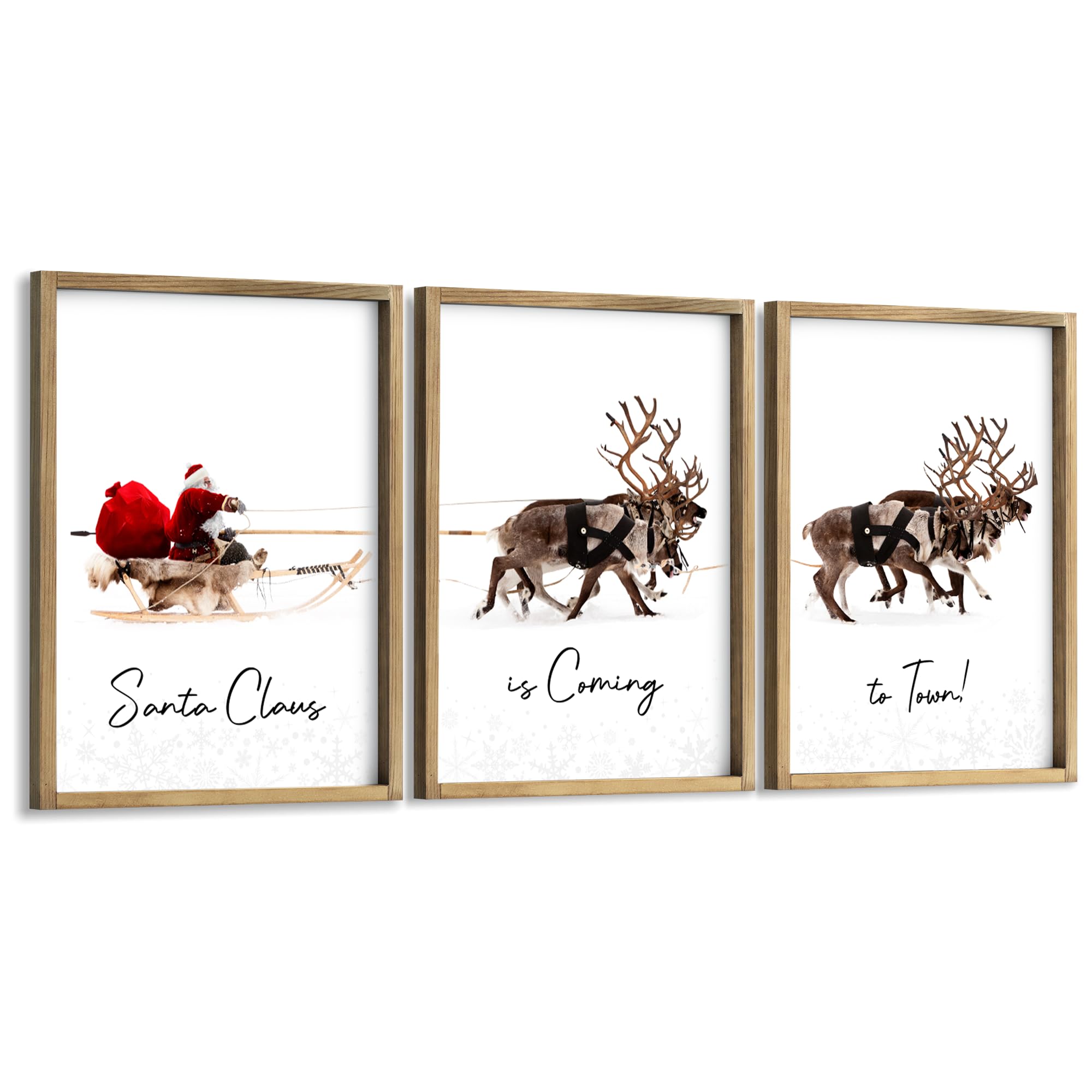 LITIVY Framed Set of 3 Christmas Wall Art Christmas Santa Claus with Sleigh Deer for Christmas Wall Decor Prints Xmas Sign for Home Decor Christmas Decorations(12"x16", Brown)