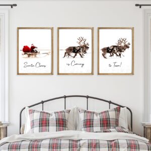 LITIVY Framed Set of 3 Christmas Wall Art Christmas Santa Claus with Sleigh Deer for Christmas Wall Decor Prints Xmas Sign for Home Decor Christmas Decorations(12"x16", Brown)