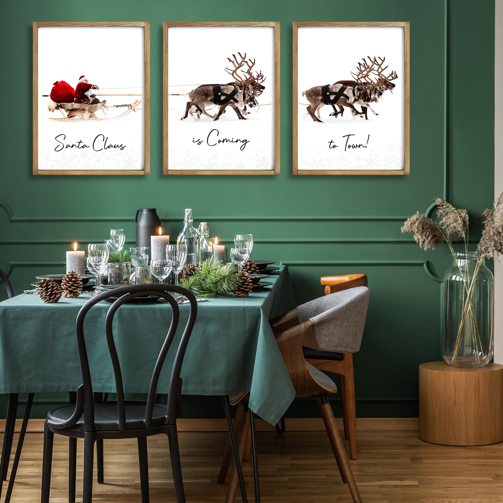 LITIVY Framed Set of 3 Christmas Wall Art Christmas Santa Claus with Sleigh Deer for Christmas Wall Decor Prints Xmas Sign for Home Decor Christmas Decorations(12"x16", Brown)