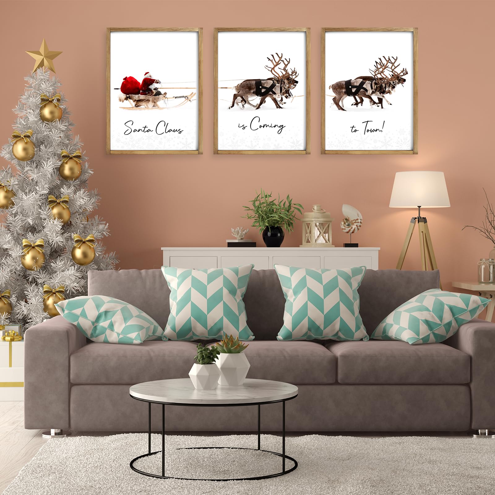 LITIVY Framed Set of 3 Christmas Wall Art Christmas Santa Claus with Sleigh Deer for Christmas Wall Decor Prints Xmas Sign for Home Decor Christmas Decorations(12"x16", Brown)