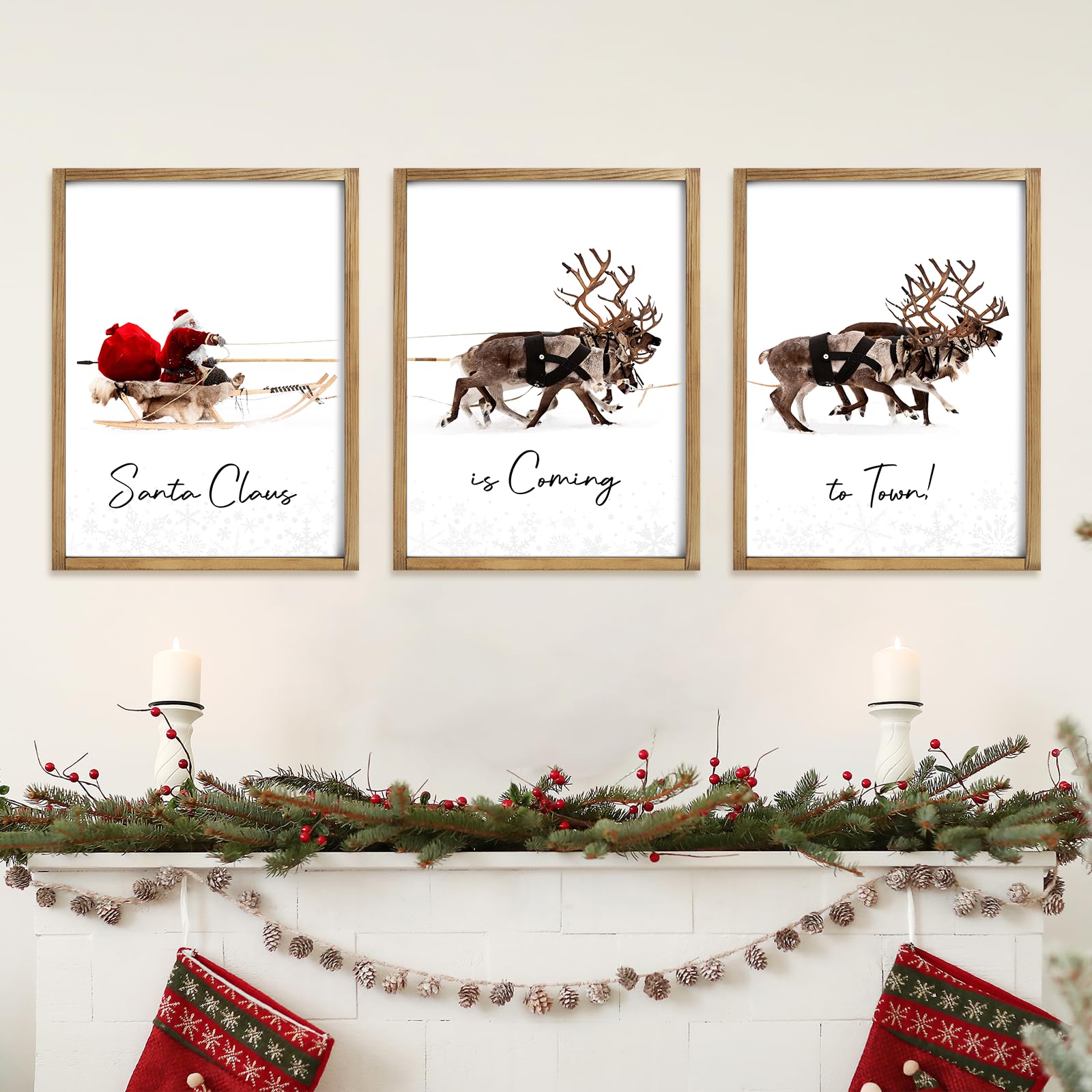 LITIVY Framed Set of 3 Christmas Wall Art Christmas Santa Claus with Sleigh Deer for Christmas Wall Decor Prints Xmas Sign for Home Decor Christmas Decorations(12"x16", Brown)