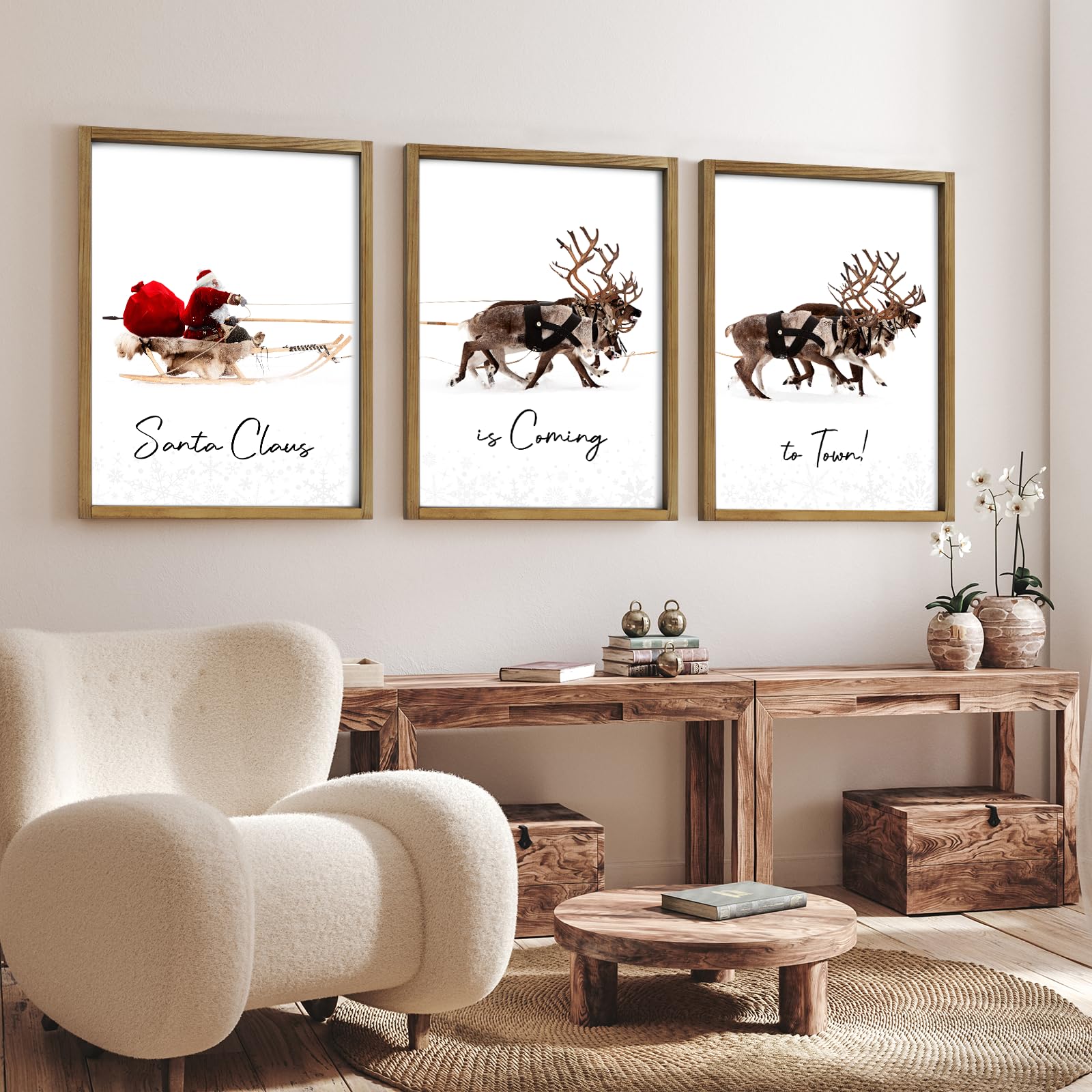 LITIVY Framed Set of 3 Christmas Wall Art Christmas Santa Claus with Sleigh Deer for Christmas Wall Decor Prints Xmas Sign for Home Decor Christmas Decorations(12"x16", Brown)