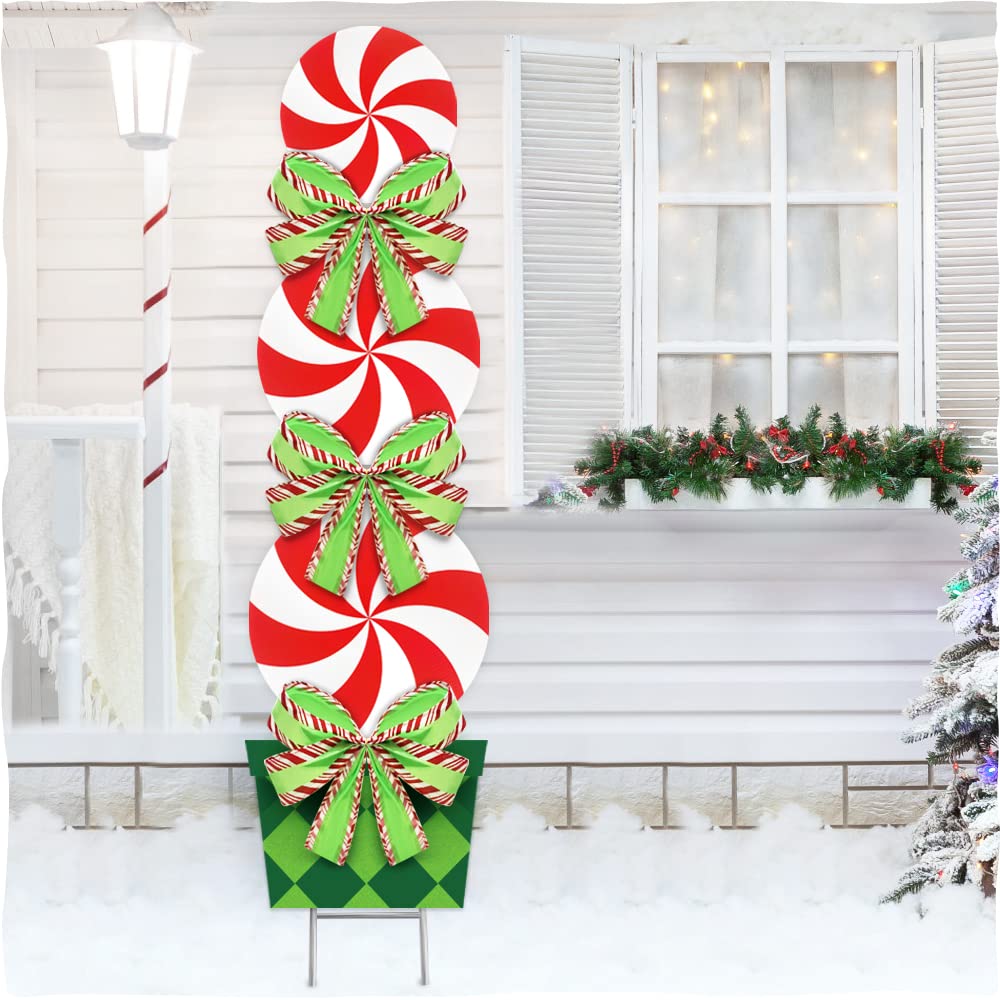 Candy Christmas Decorations Outdoor - 44In Peppermint Xmas Yard Stakes - Giant Holiday Decor Signs for Home Lawn Pathway Walkway Candyland Themed Party - Red White Green