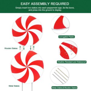 Candy Christmas Decorations Outdoor - 44In Peppermint Xmas Yard Stakes - Giant Holiday Decor Signs for Home Lawn Pathway Walkway Candyland Themed Party - Red White Green