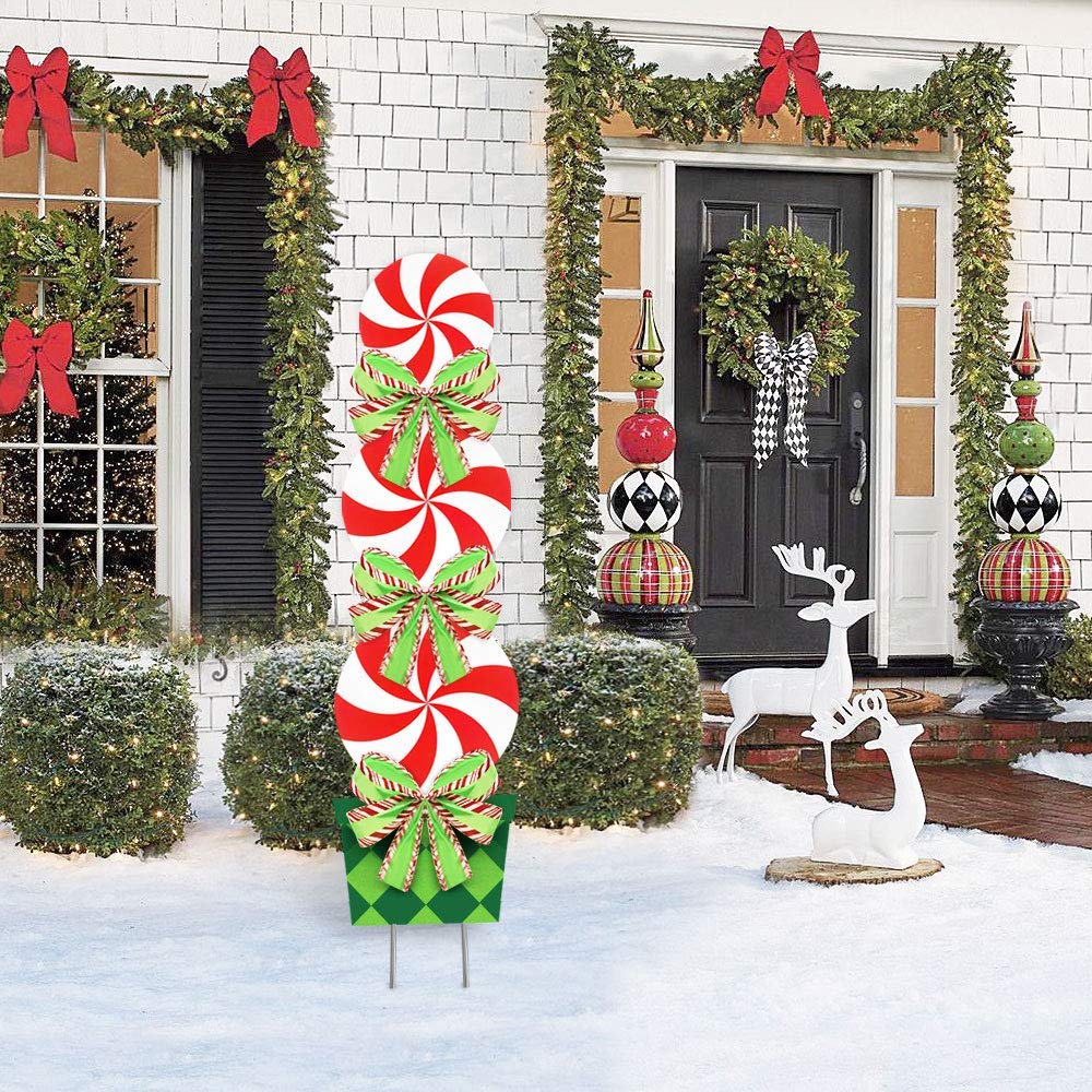 Candy Christmas Decorations Outdoor - 44In Peppermint Xmas Yard Stakes - Giant Holiday Decor Signs for Home Lawn Pathway Walkway Candyland Themed Party - Red White Green