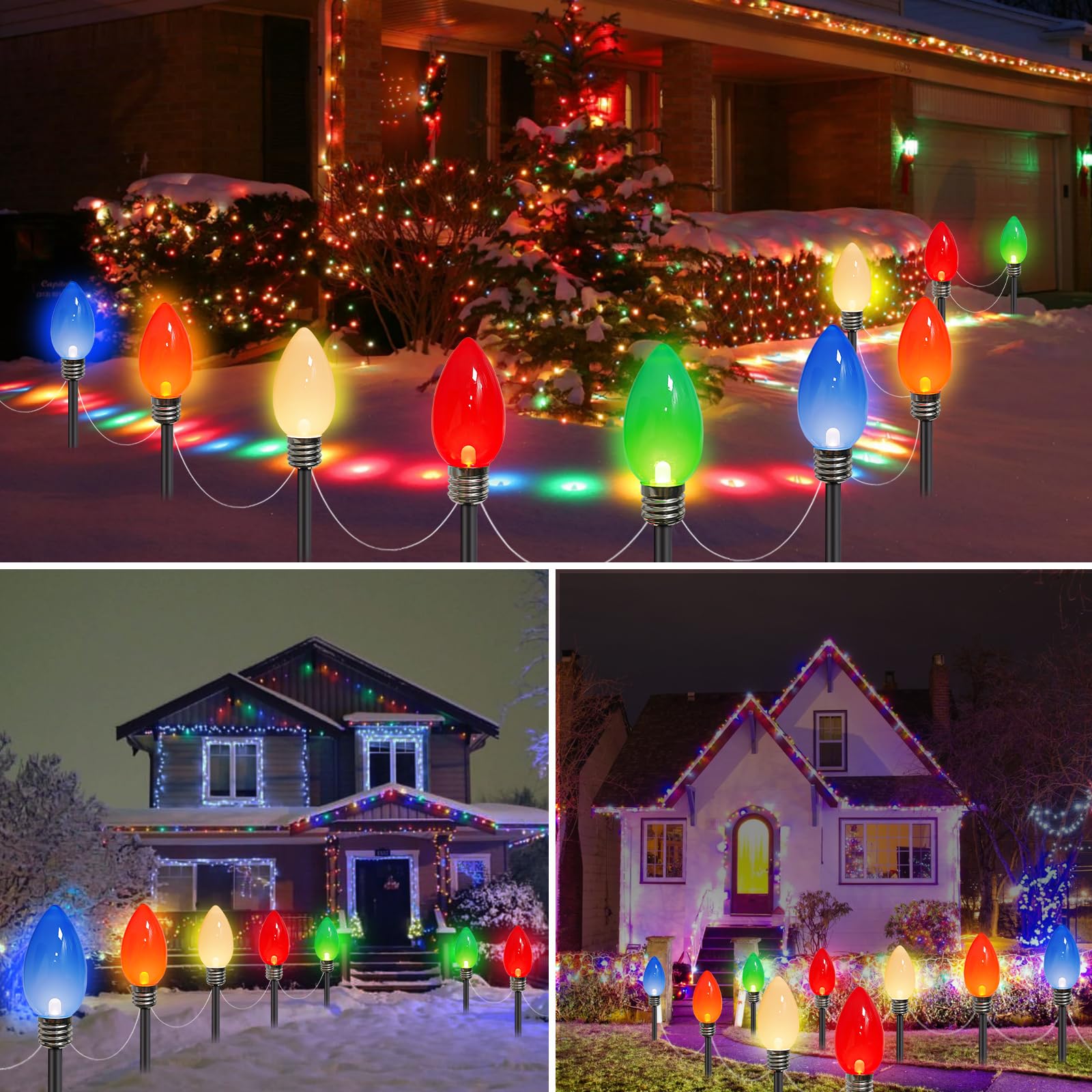 10-Pack Jumbo C9 Solar Christmas Lights, 2023 Newest Outdoor Christmas Decorations, Larger Muticolor Bulbs Solar Lights Outdoor Waterproof for Outside Path Garden Decor Holiday Yard Patio (Multicolor)