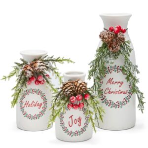 wortour artificial christmas vase 3-piece set flocked with mixed xmas decorations ceramic white bottles (white)