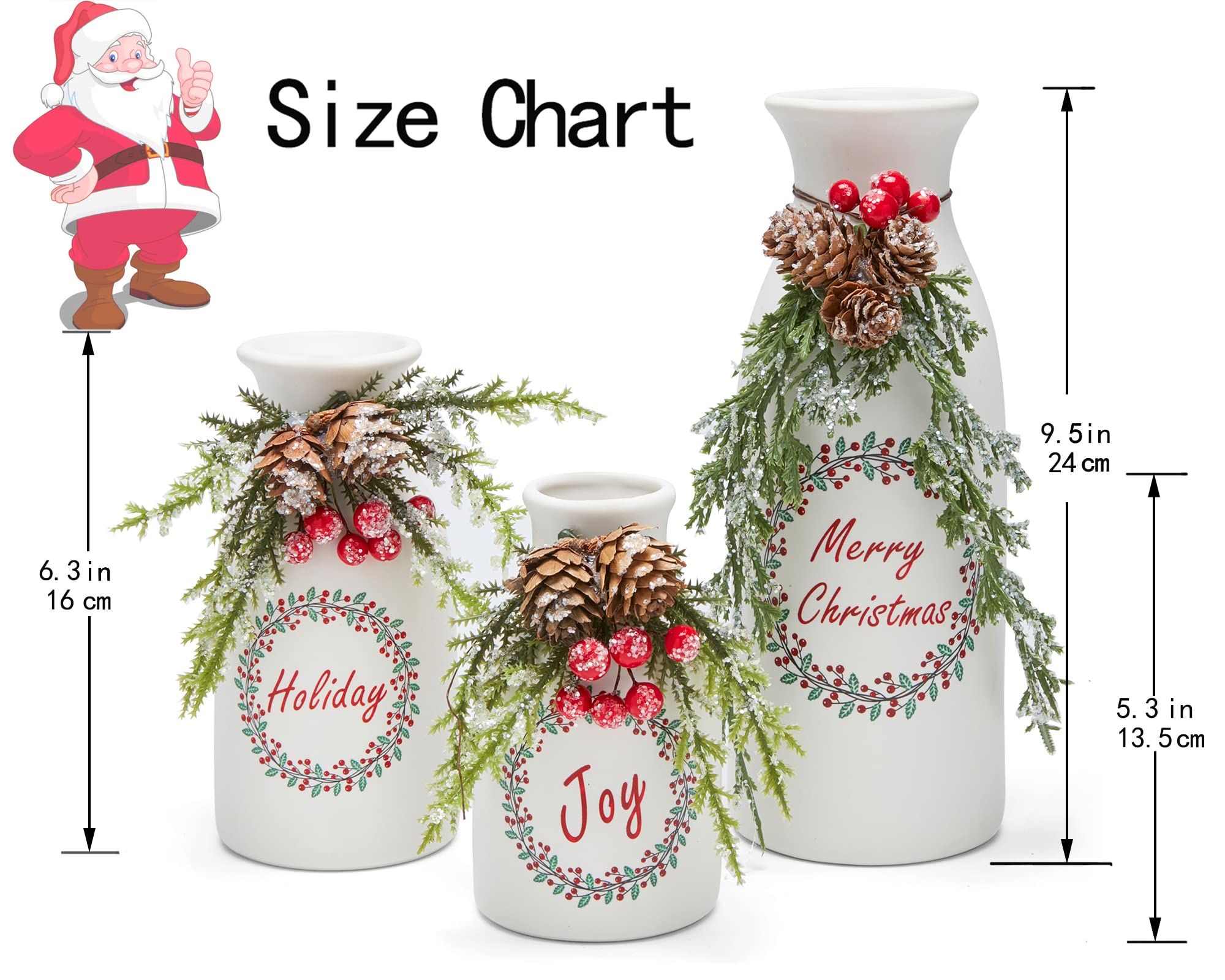 Wortour Artificial Christmas Vase 3-Piece Set Flocked with Mixed Xmas Decorations Ceramic White Bottles (White)