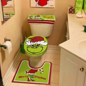 Christmas Decorations - Xmas Bathroom Sets - Grinchs Decor Toilet Seat Cover and Rug for Indoor Home Set of 4 (Red - Green)