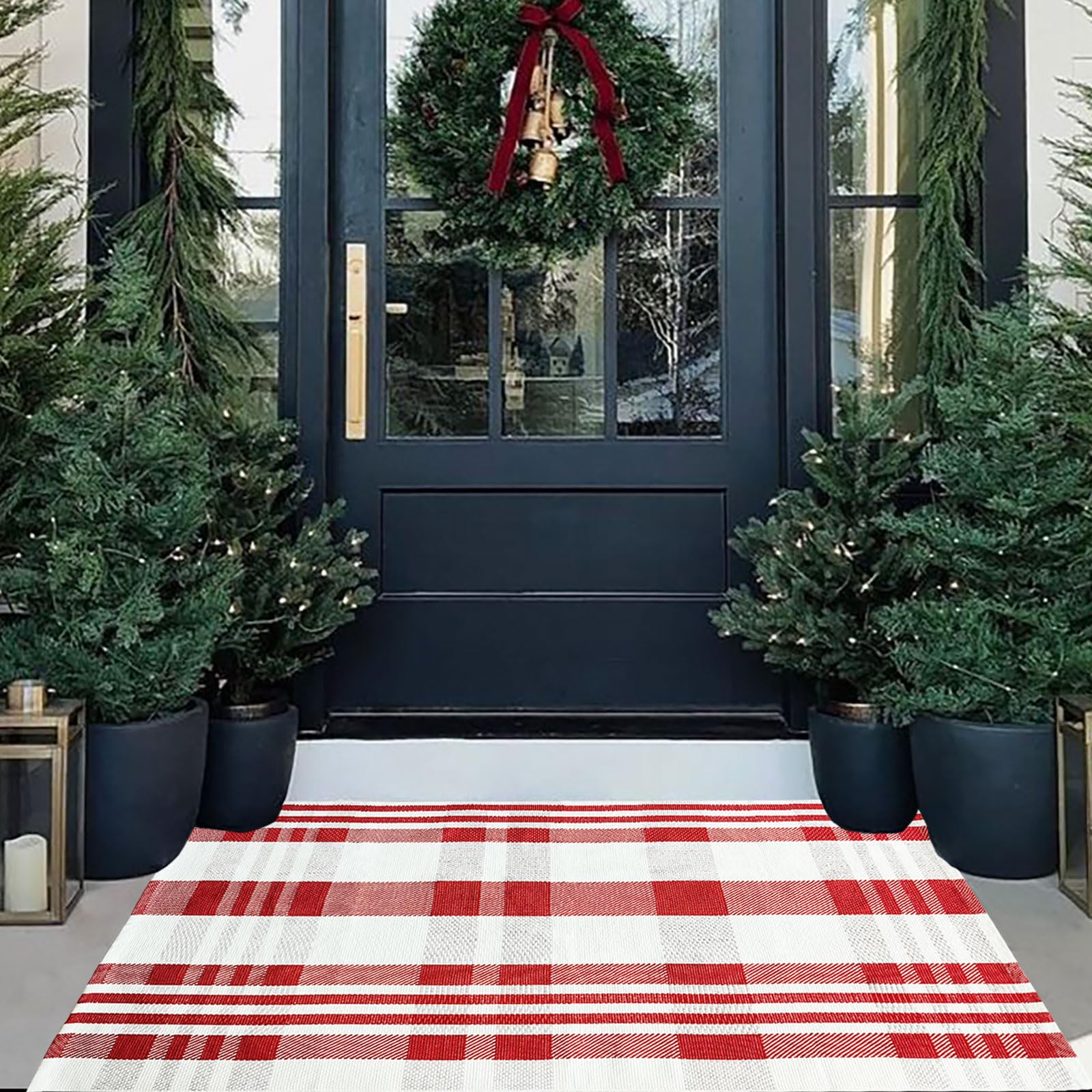 Christmas Door Mat Outdoor 27.5” x 43” Red and White Plaid Rug Christmas Decor Rug Cotton Hand-Woven Layered Door Mats Washable Carpet for Front Porch, Kitchen, Farmhouse, Entryway (27.5” x 43”)