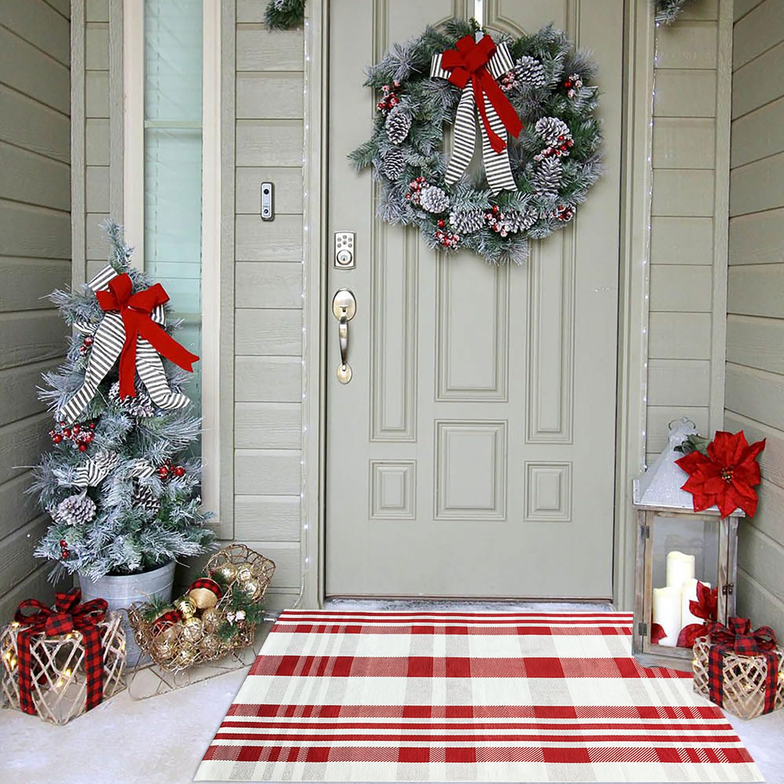 Christmas Door Mat Outdoor 27.5” x 43” Red and White Plaid Rug Christmas Decor Rug Cotton Hand-Woven Layered Door Mats Washable Carpet for Front Porch, Kitchen, Farmhouse, Entryway (27.5” x 43”)