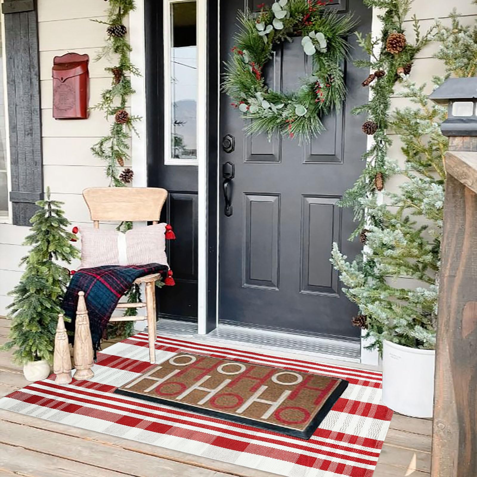 Christmas Door Mat Outdoor 27.5” x 43” Red and White Plaid Rug Christmas Decor Rug Cotton Hand-Woven Layered Door Mats Washable Carpet for Front Porch, Kitchen, Farmhouse, Entryway (27.5” x 43”)