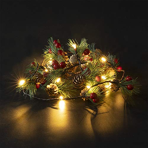 FUNPENY Christmas PineCones String Lights, 6.56Ft 20 LED Pine Needles Red Berries Fall Light Garland, Indoor Outdoor Decor for Thanksgiving Christmas Autumn Themed Party Decorations