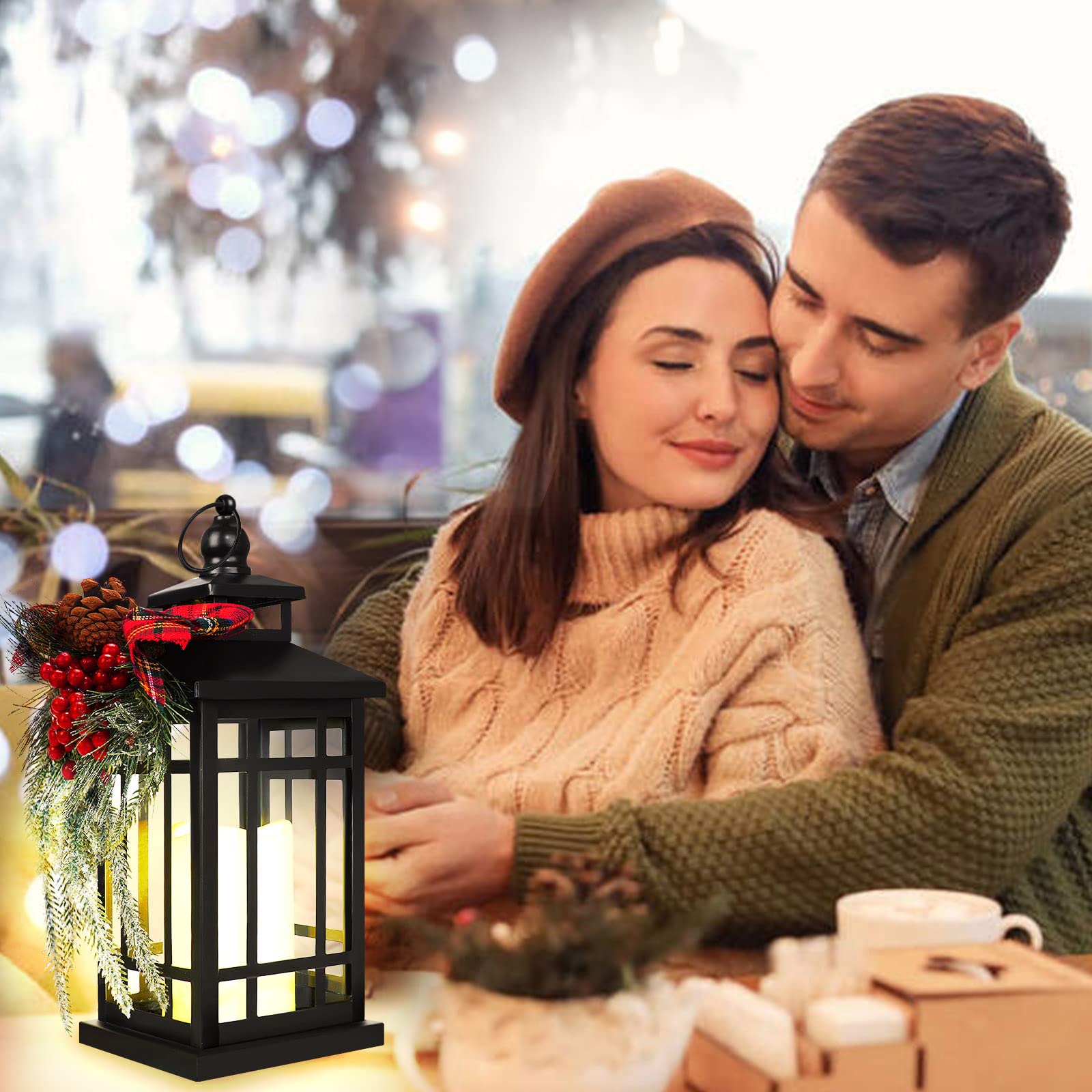 Metal Christmas Vintage Candle Lanterns with Led Light,Plaid Ribbon Decorative Hanging Lantern for Indoor Outdoor Decorations Party Gift,WOKEISE