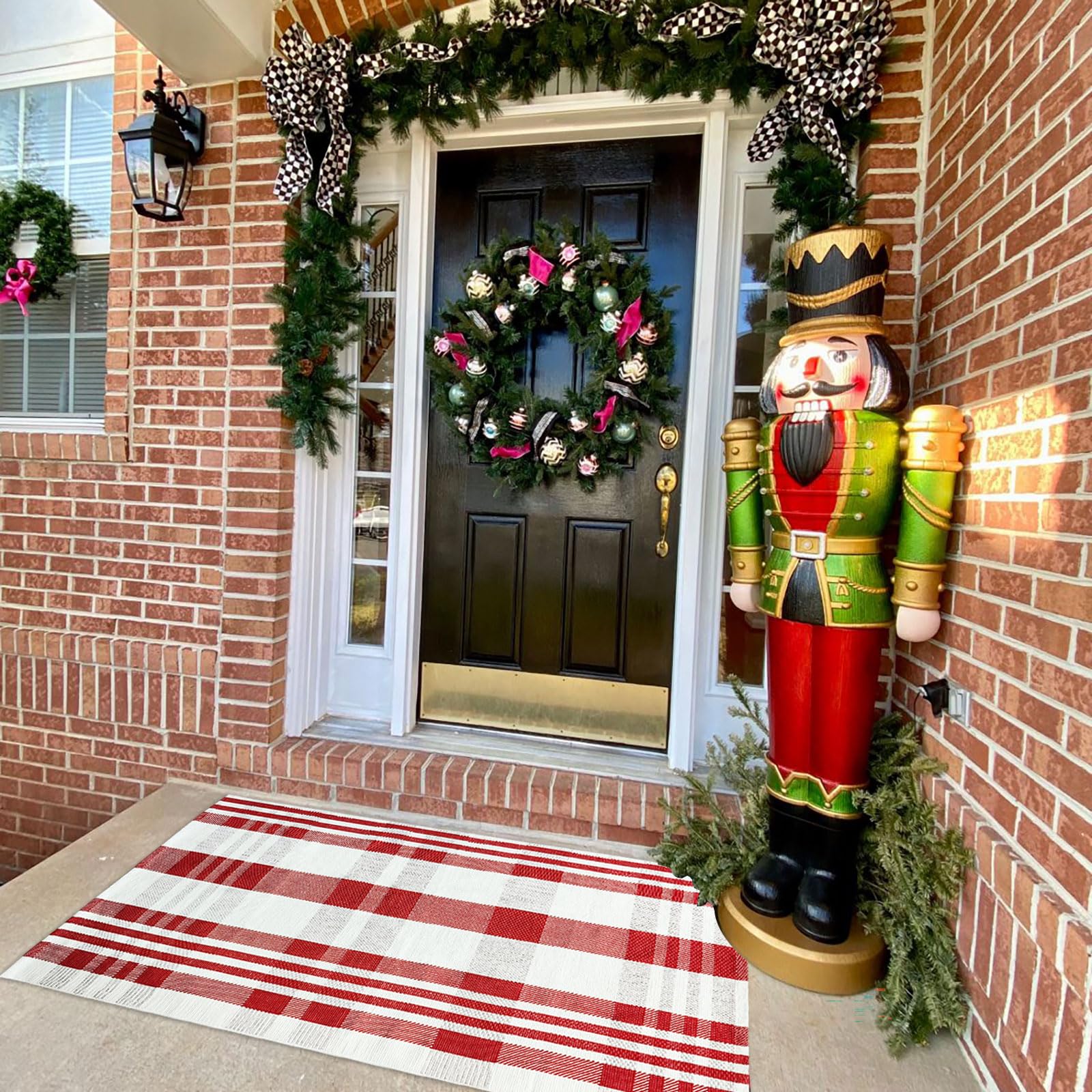 Christmas Door Mat Outdoor 27.5” x 43” Red and White Plaid Rug Christmas Decor Rug Cotton Hand-Woven Layered Door Mats Washable Carpet for Front Porch, Kitchen, Farmhouse, Entryway (27.5” x 43”)