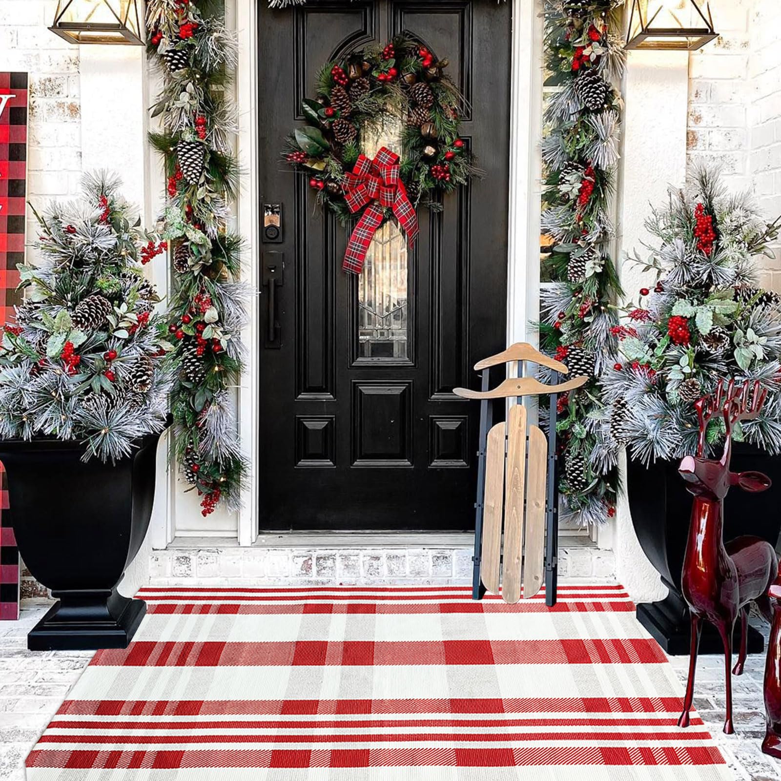 Christmas Door Mat Outdoor 27.5” x 43” Red and White Plaid Rug Christmas Decor Rug Cotton Hand-Woven Layered Door Mats Washable Carpet for Front Porch, Kitchen, Farmhouse, Entryway (27.5” x 43”)