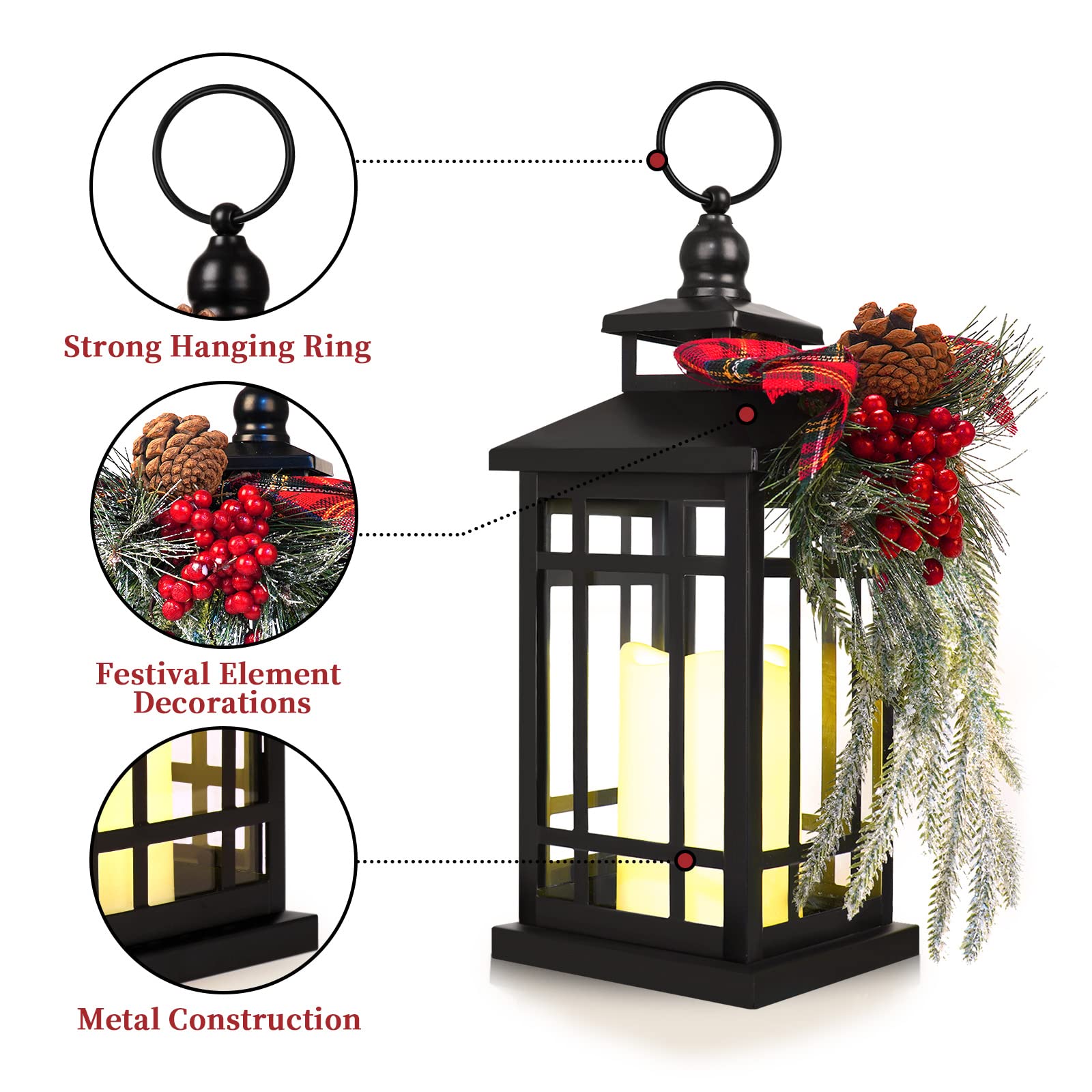 Metal Christmas Vintage Candle Lanterns with Led Light,Plaid Ribbon Decorative Hanging Lantern for Indoor Outdoor Decorations Party Gift,WOKEISE