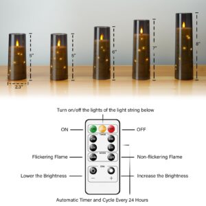 kakoya Flameless LED Candles with Timer 5 Pc Flickering Flameless Candles for Romantic Ambiance and Home Decoration Stable Acrylic Shell,with Embedded Star String，Battery Operated Candles（Grey）