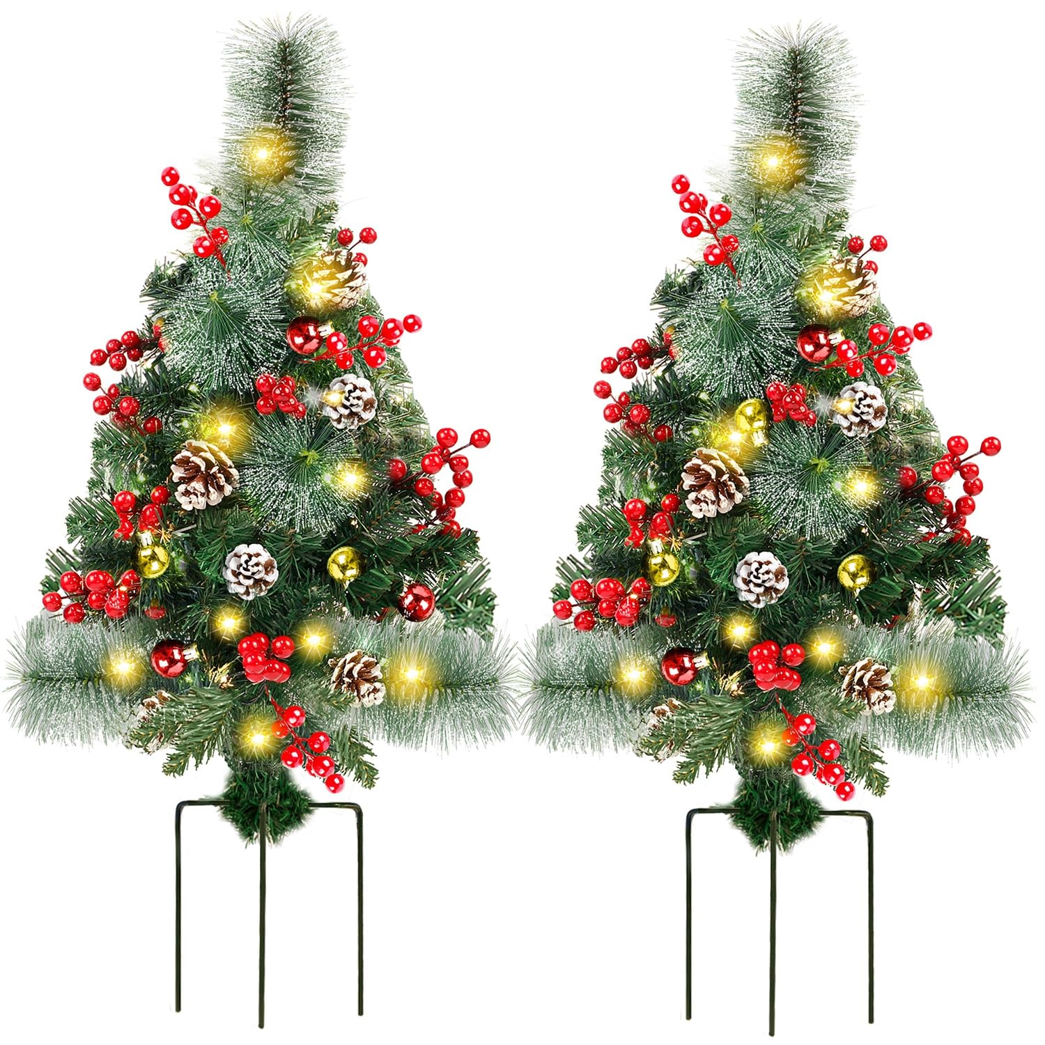 Juegoal 2 Pack 30 Inch Pre-Lit Pathway Christmas Trees, Upgrade Artificial Xmas Urn Filler with 60 LED Lights, Red Berries and Pine Cones Ornaments, Battery Operated Holiday Décor for Driveway, Yard