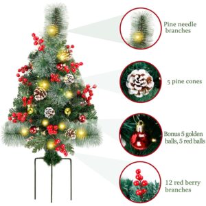 Juegoal 2 Pack 30 Inch Pre-Lit Pathway Christmas Trees, Upgrade Artificial Xmas Urn Filler with 60 LED Lights, Red Berries and Pine Cones Ornaments, Battery Operated Holiday Décor for Driveway, Yard