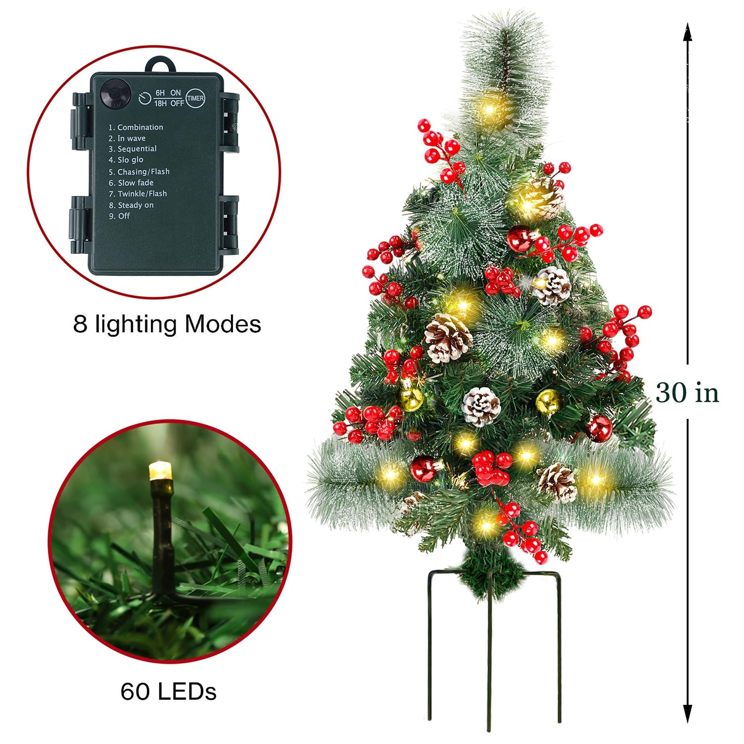 Juegoal 2 Pack 30 Inch Pre-Lit Pathway Christmas Trees, Upgrade Artificial Xmas Urn Filler with 60 LED Lights, Red Berries and Pine Cones Ornaments, Battery Operated Holiday Décor for Driveway, Yard