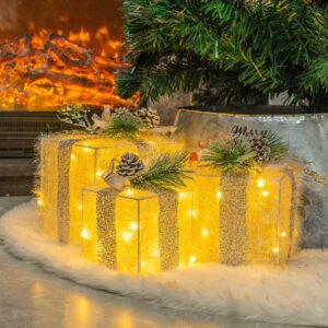 funpeny set of 3 christmas lighted gift boxes, plug in 60 led light up tinsel present box decorations for outdoor indoor christmas tree, yard, home decor (max. size 7.5 x 7.5 x7.1 inch) (warm white)