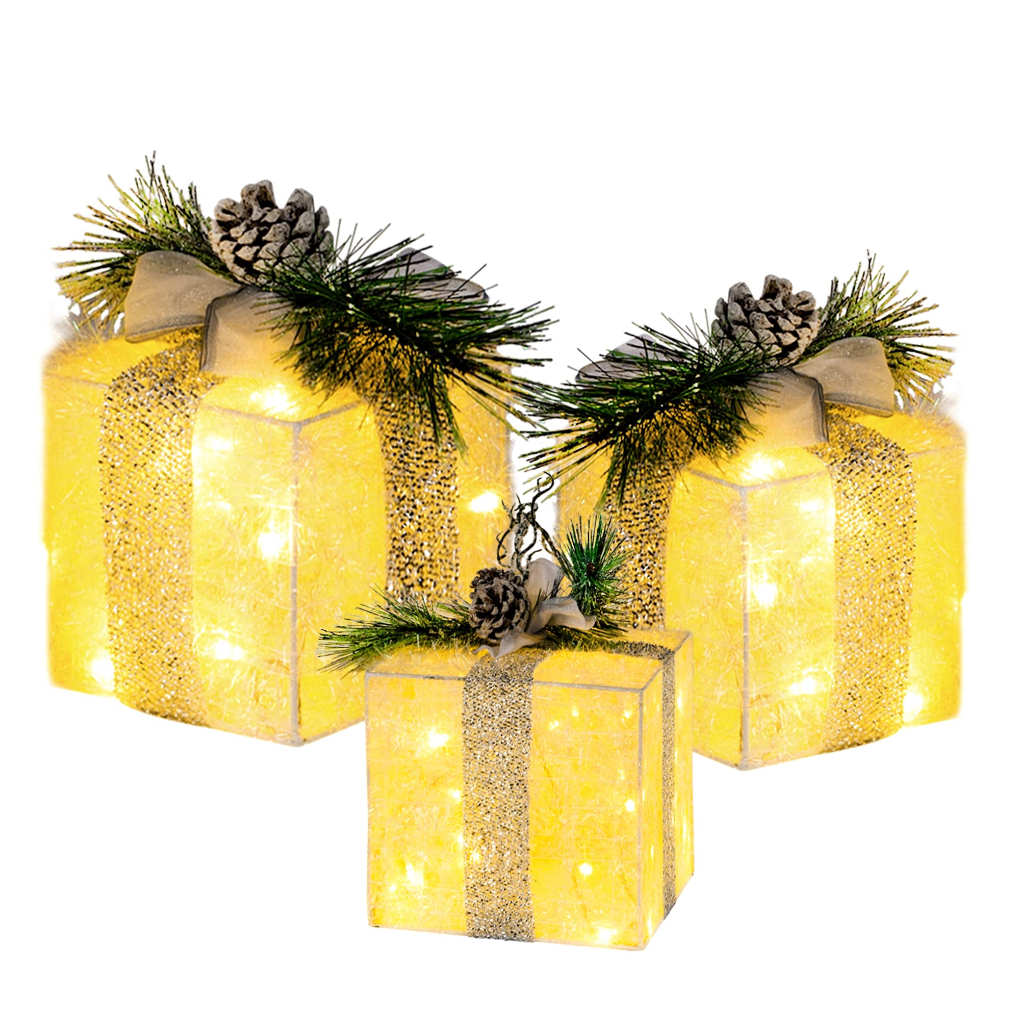 FUNPENY Set of 3 Christmas Lighted Gift Boxes, Plug in 60 LED Light Up Tinsel Present Box Decorations for Outdoor Indoor Christmas Tree, Yard, Home Decor (Max. Size 7.5 x 7.5 x7.1 Inch) (Warm White)