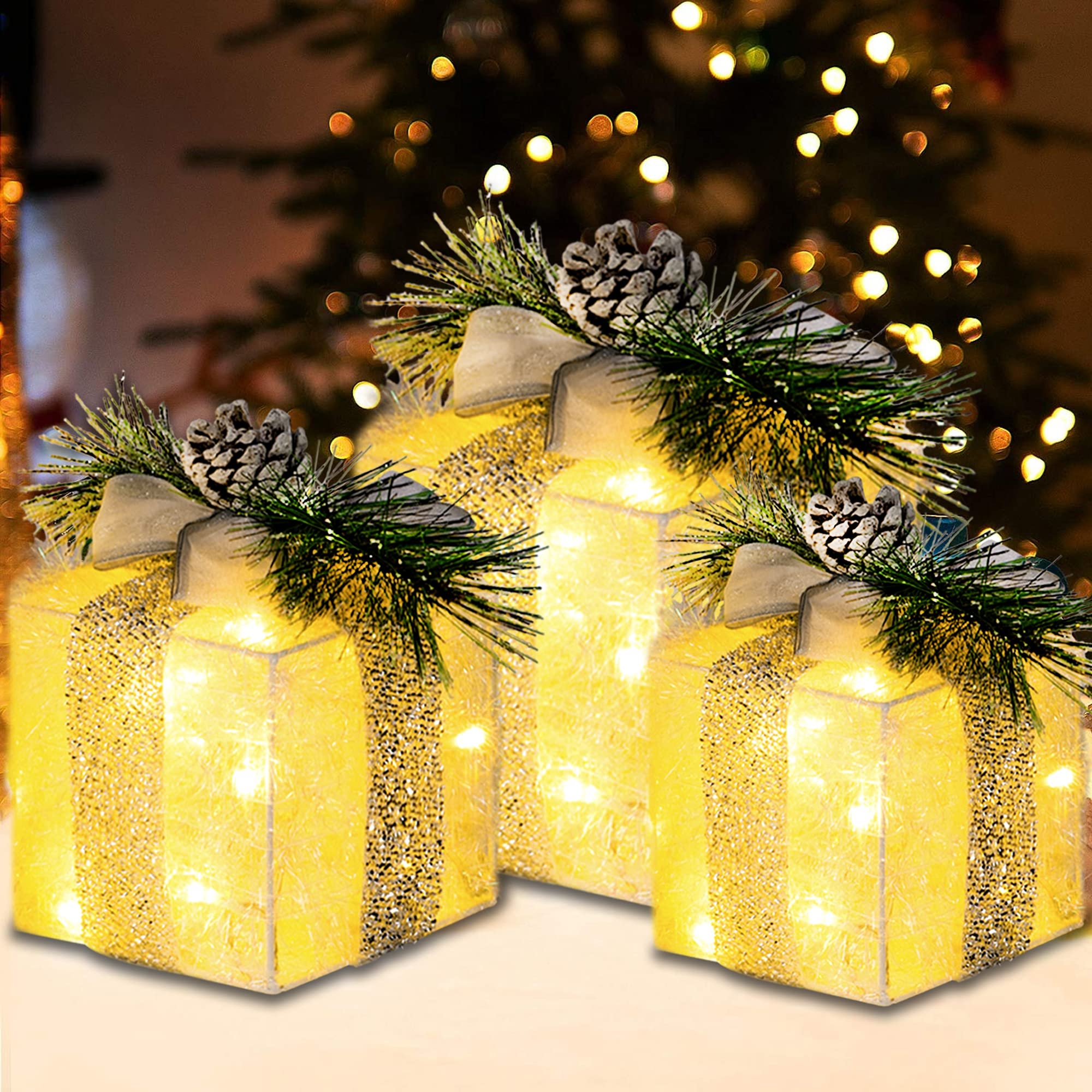 FUNPENY Set of 3 Christmas Lighted Gift Boxes, Plug in 60 LED Light Up Tinsel Present Box Decorations for Outdoor Indoor Christmas Tree, Yard, Home Decor (Max. Size 7.5 x 7.5 x7.1 Inch) (Warm White)