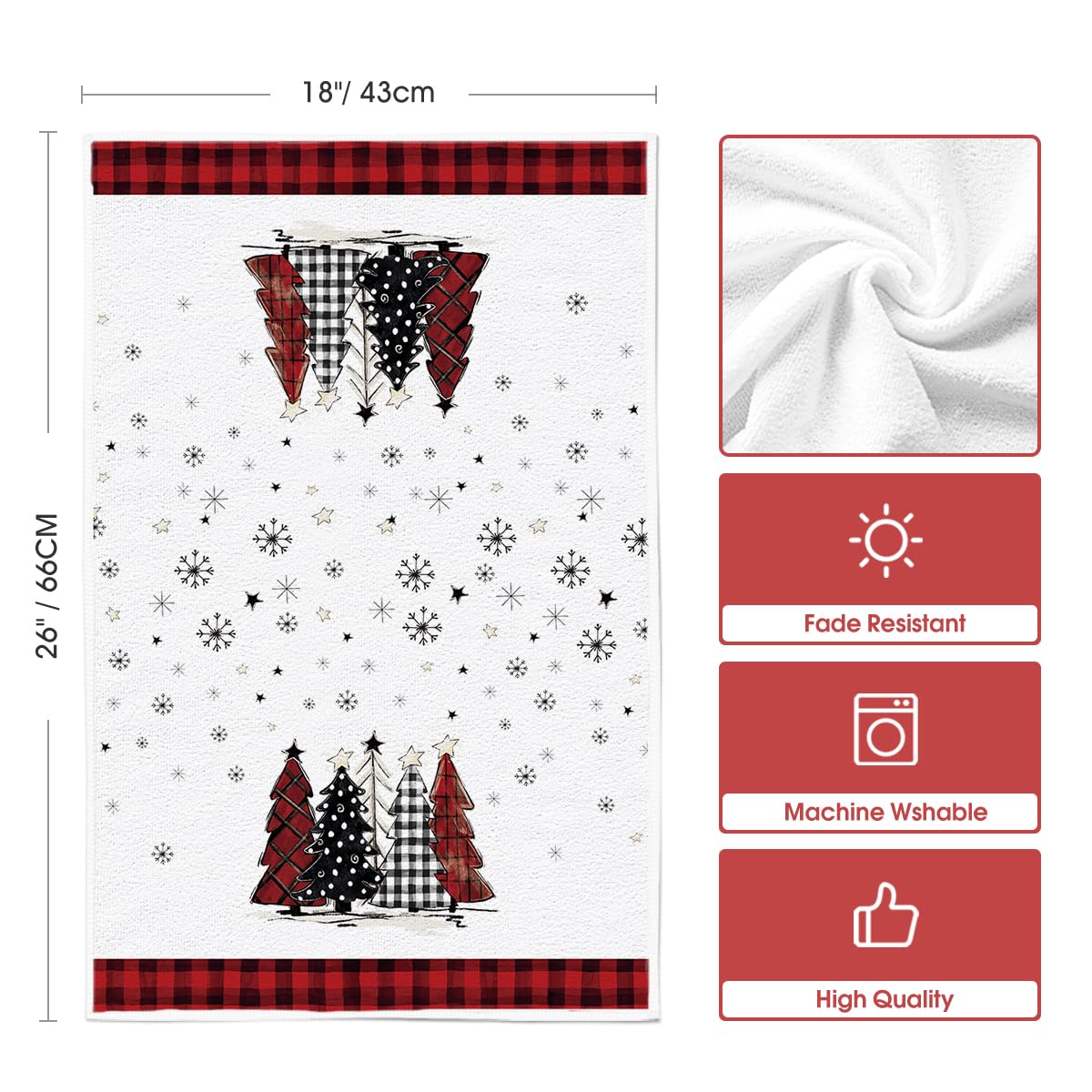 Artoid Mode Black Red Merry Christmas Kitchen Towels Dish Towels, 18x26 Inch Buffalo Plaid Winter Xmas Trees Star Decoration Hand Towels Set of 2