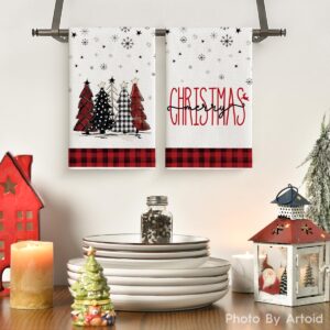 Artoid Mode Black Red Merry Christmas Kitchen Towels Dish Towels, 18x26 Inch Buffalo Plaid Winter Xmas Trees Star Decoration Hand Towels Set of 2