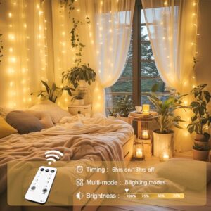 JMEXSUSS 300 LED Remote Control Curtain Lights, Plug in Fairy Curtain Lights Outdoor, Window Wall Hanging Curtain String Lights for Bedroom Backdrop Wedding Party Xmas Indoor Decor, Warm White