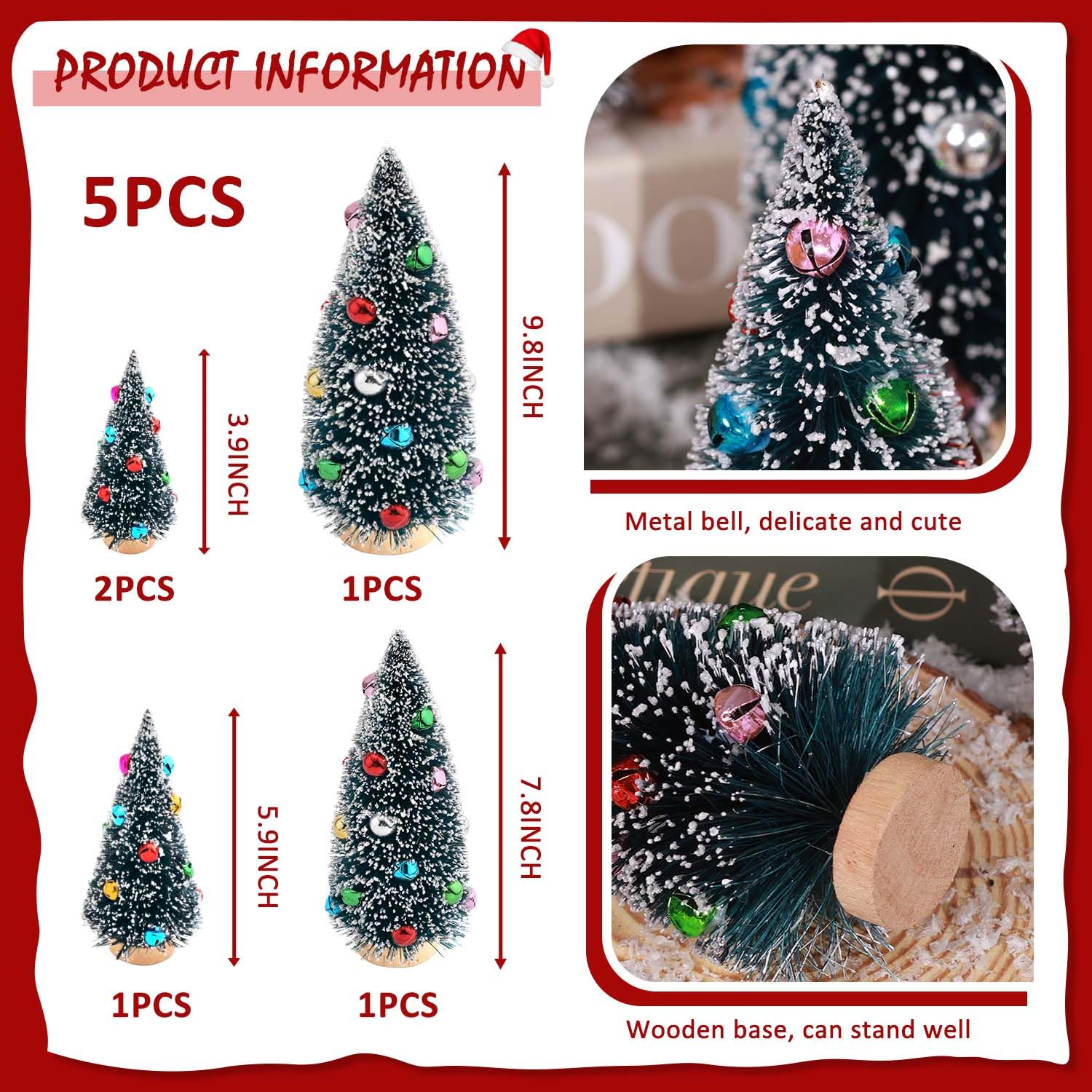 EIMMBD 5pcs Mini Christmas Trees Decorations Artificial Christmas Trees Tabletop Bottle Brush Trees Small Trees with Snow and Colorful Beads for Indoor Outdoor Home Village Winter Holiday Decor