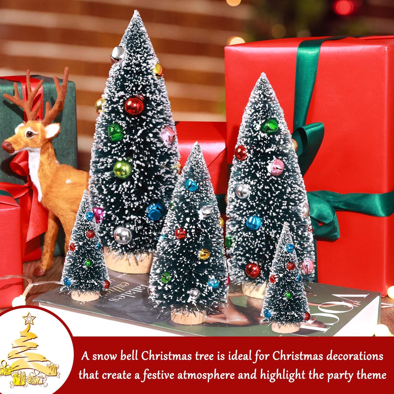 EIMMBD 5pcs Mini Christmas Trees Decorations Artificial Christmas Trees Tabletop Bottle Brush Trees Small Trees with Snow and Colorful Beads for Indoor Outdoor Home Village Winter Holiday Decor