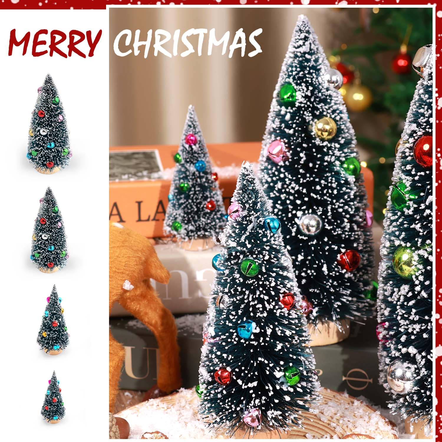 EIMMBD 5pcs Mini Christmas Trees Decorations Artificial Christmas Trees Tabletop Bottle Brush Trees Small Trees with Snow and Colorful Beads for Indoor Outdoor Home Village Winter Holiday Decor