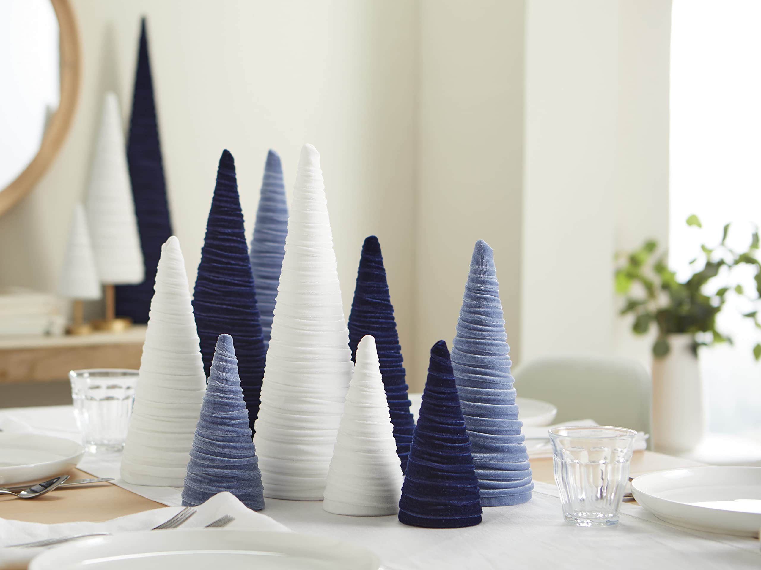 Navy Velvet Cones Set of 3, Mantel decor Holiday Entryway, Minimalist decor, Blue Christmas, Tree Figurines (Navy)