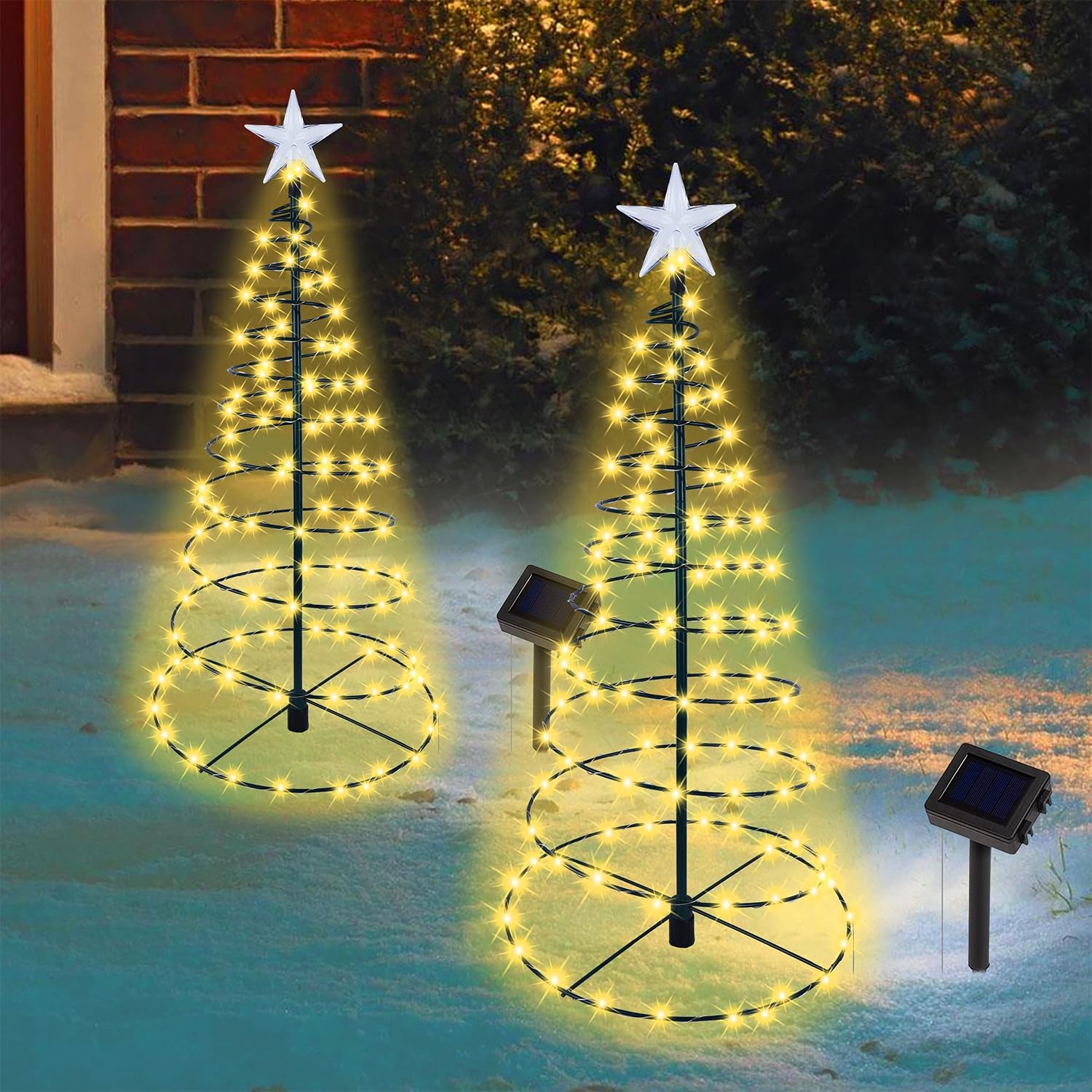 Dynaming 2 Pack Solar Spiral Christmas Trees with Warm White Lights, 26" Outdoor Light Up Xmas Pathway Markers with Stake, Auto On/Off & Waterproof Lights for Winter Patio Yard Walkway Driveway Decor