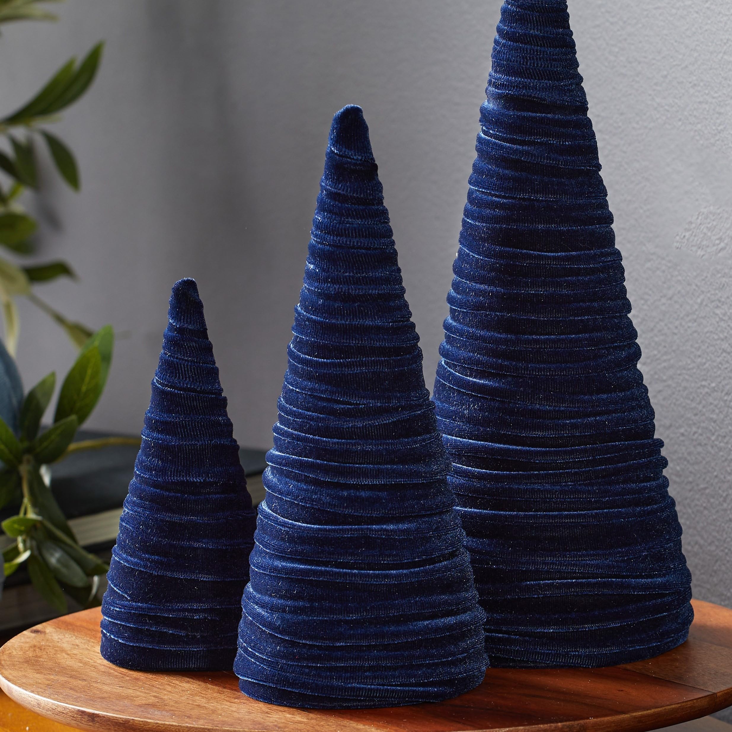 Navy Velvet Cones Set of 3, Mantel decor Holiday Entryway, Minimalist decor, Blue Christmas, Tree Figurines (Navy)