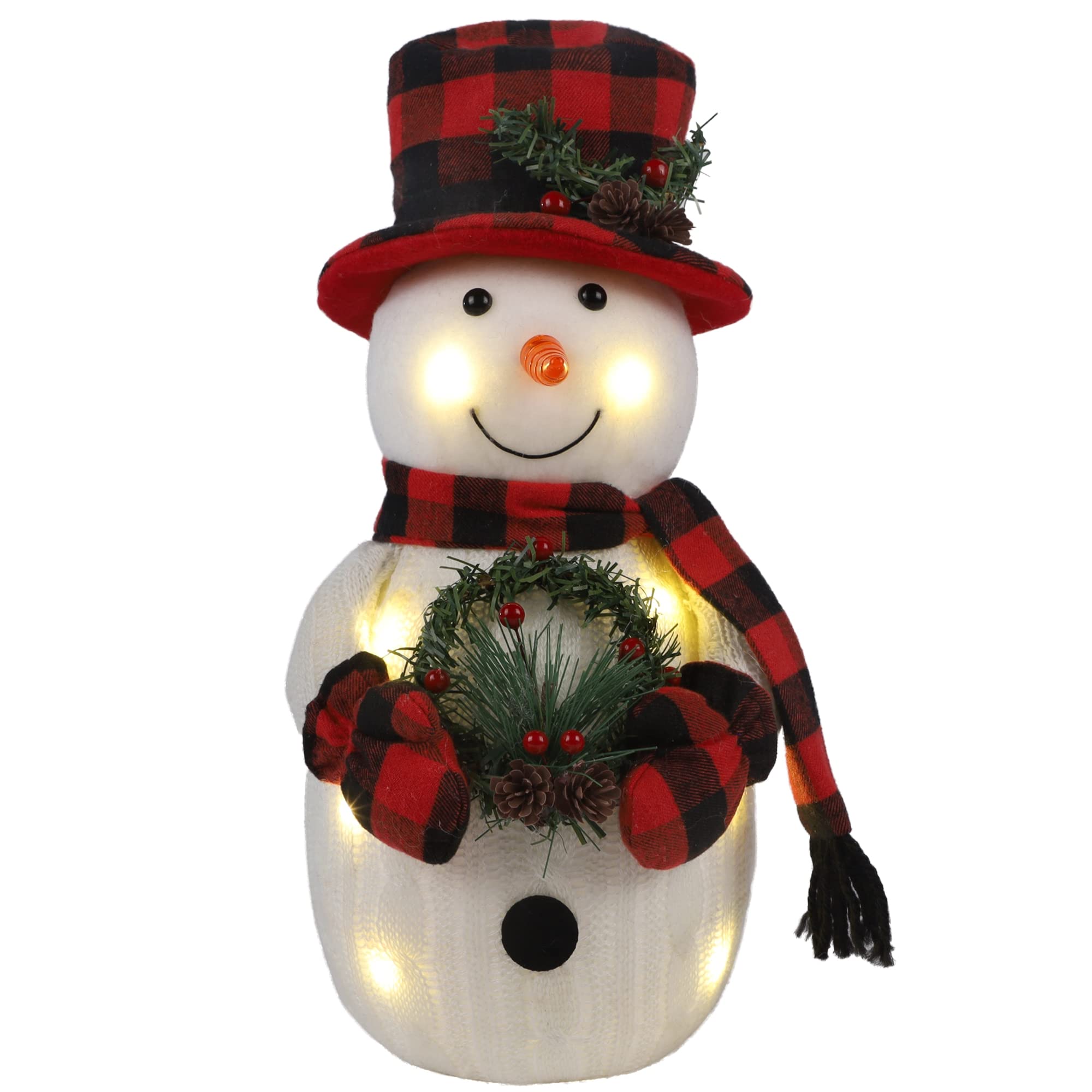 Sancodee Christmas Lighted Snowman, 12" Snowman with Wreath Christmas Table Decorations, Red Black Plaid Snowman Xmas Decor for Home Kitchen Holiday Party