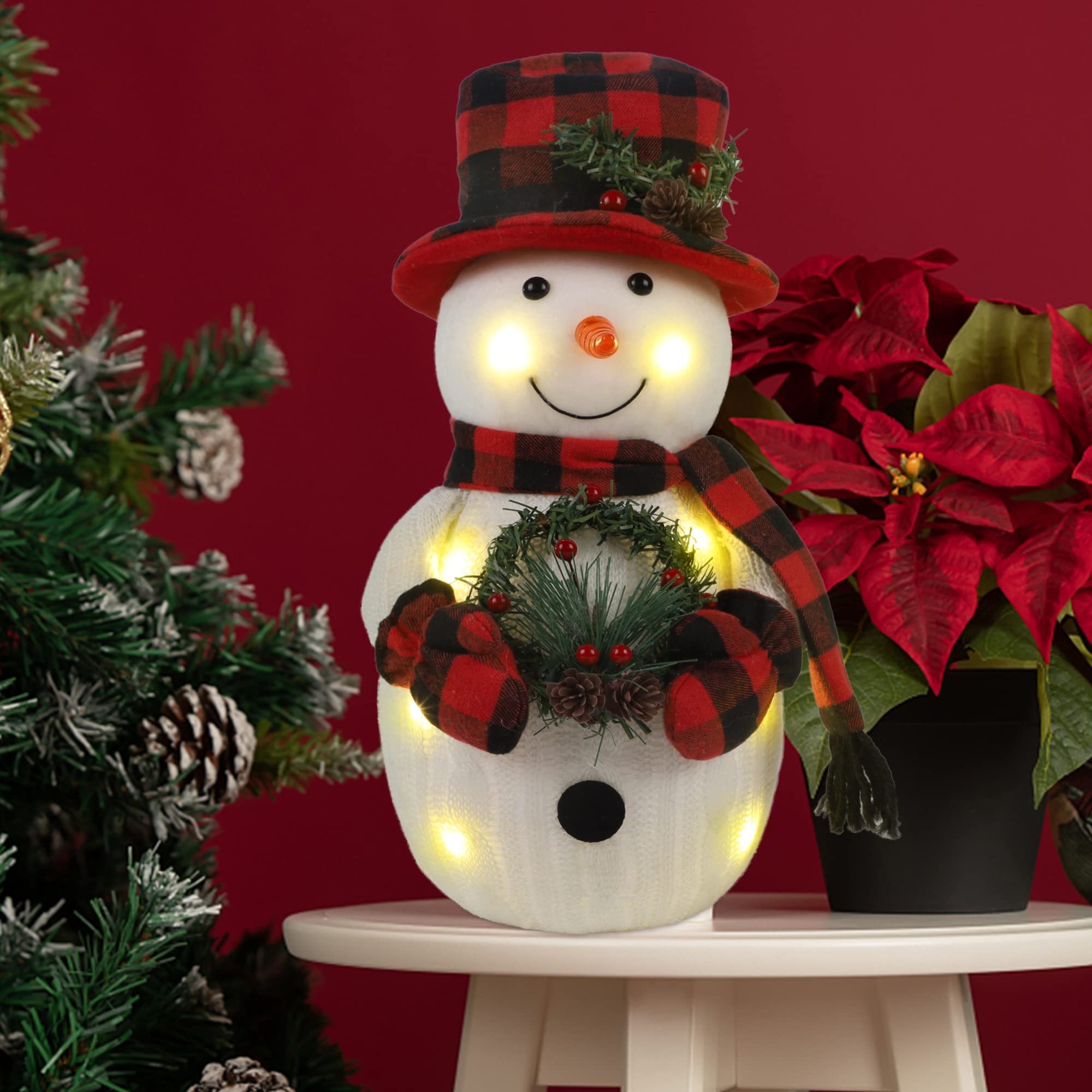 Sancodee Christmas Lighted Snowman, 12" Snowman with Wreath Christmas Table Decorations, Red Black Plaid Snowman Xmas Decor for Home Kitchen Holiday Party