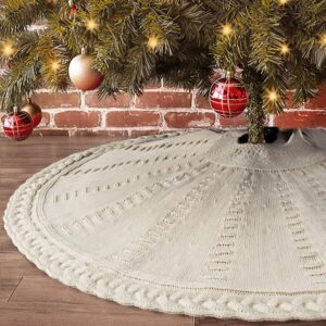 LimBridge Knitted Christmas Tree Skirt: 48 Inches Cream White Tree Skirt, Braided Cable Knit Thick Rustic Christmas Tree Decorations, Farmhouse Christmas Decor Xmas Holiday Home Party Decorations