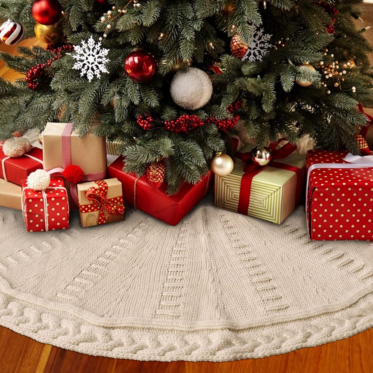 LimBridge Knitted Christmas Tree Skirt: 48 Inches Cream White Tree Skirt, Braided Cable Knit Thick Rustic Christmas Tree Decorations, Farmhouse Christmas Decor Xmas Holiday Home Party Decorations