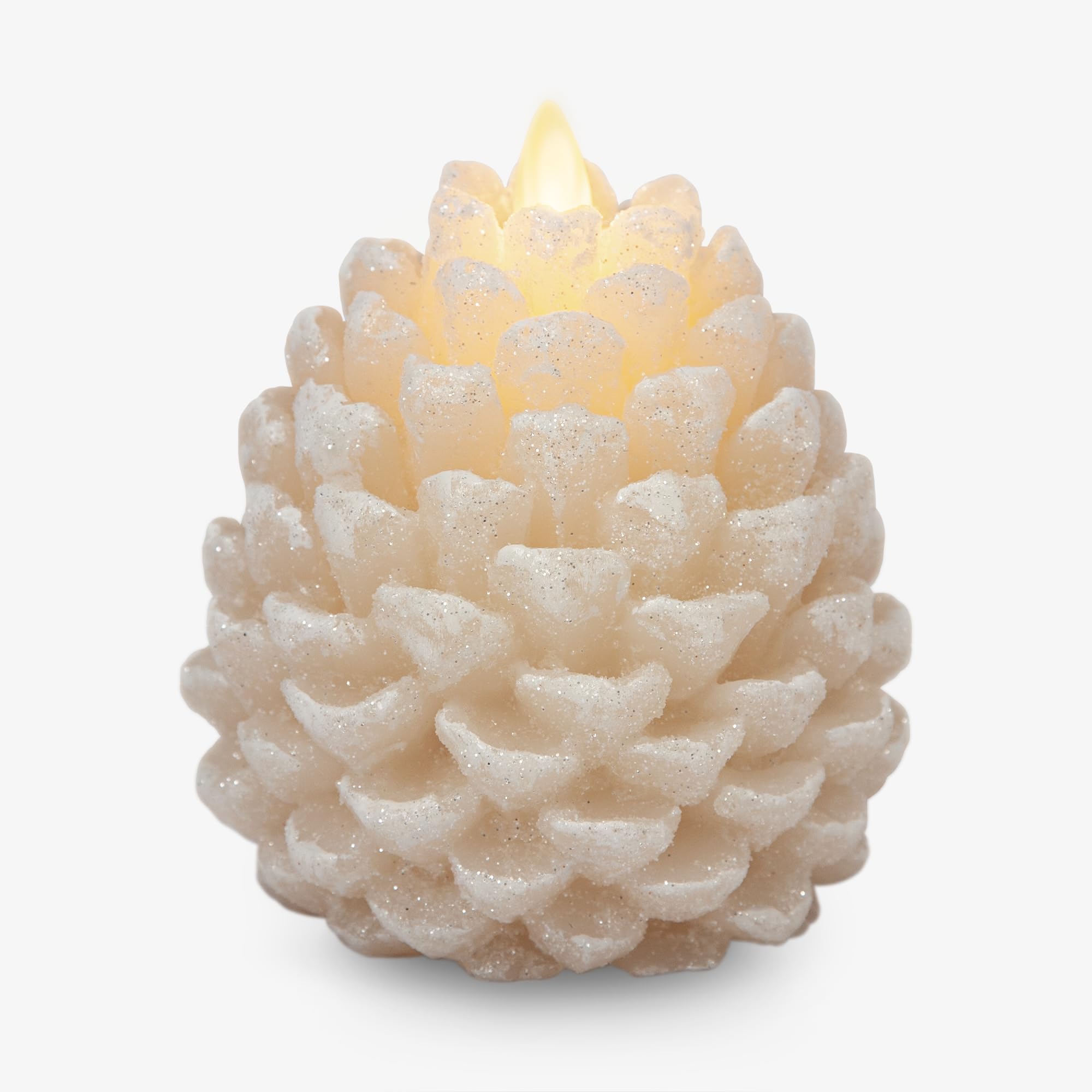 Luminara Pinecone Flameless Candle White Swan Glitter and Snow Finish Pine Cone Figural, Real Wax Unscented LED Candles, Battery Operated with Timer, Holiday Decoration (3.9" x 4.3")