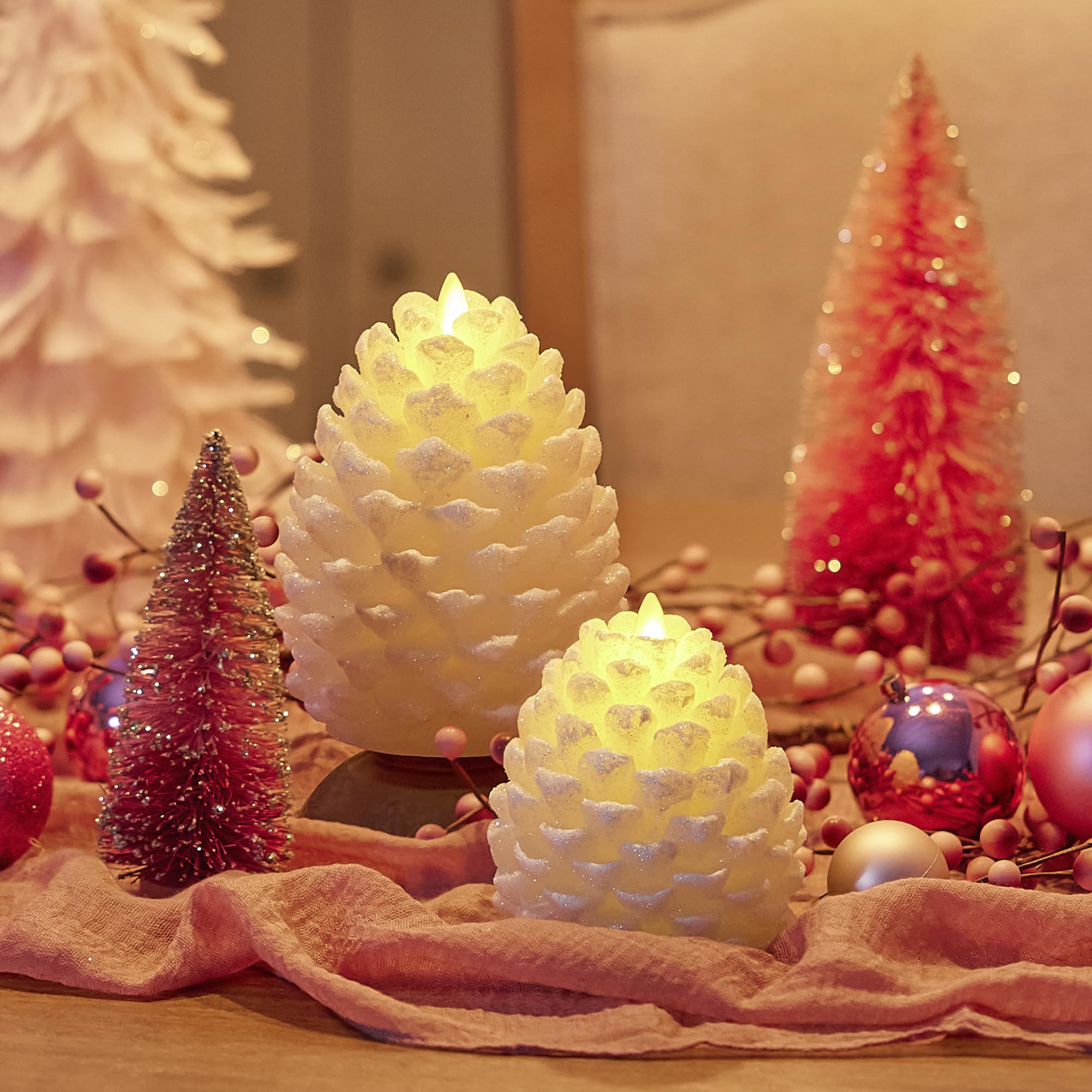 Luminara Pinecone Flameless Candle White Swan Glitter and Snow Finish Pine Cone Figural, Real Wax Unscented LED Candles, Battery Operated with Timer, Holiday Decoration (3.9" x 4.3")