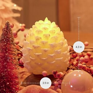 Luminara Pinecone Flameless Candle White Swan Glitter and Snow Finish Pine Cone Figural, Real Wax Unscented LED Candles, Battery Operated with Timer, Holiday Decoration (3.9" x 4.3")