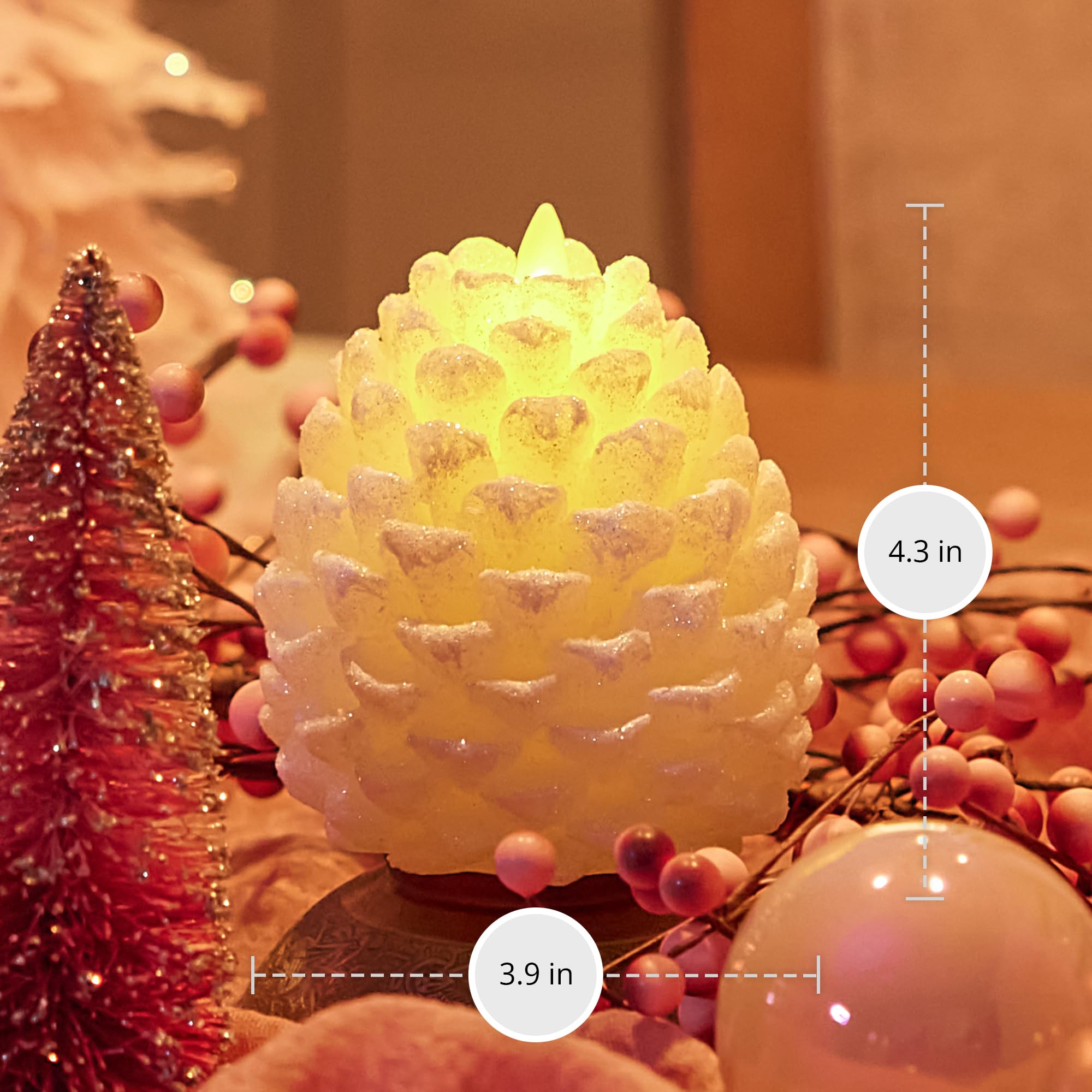 Luminara Pinecone Flameless Candle White Swan Glitter and Snow Finish Pine Cone Figural, Real Wax Unscented LED Candles, Battery Operated with Timer, Holiday Decoration (3.9" x 4.3")