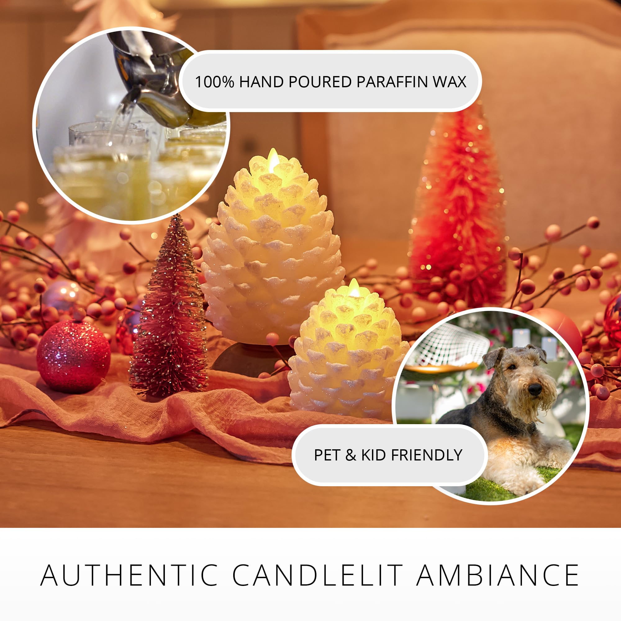 Luminara Pinecone Flameless Candle White Swan Glitter and Snow Finish Pine Cone Figural, Real Wax Unscented LED Candles, Battery Operated with Timer, Holiday Decoration (3.9" x 4.3")