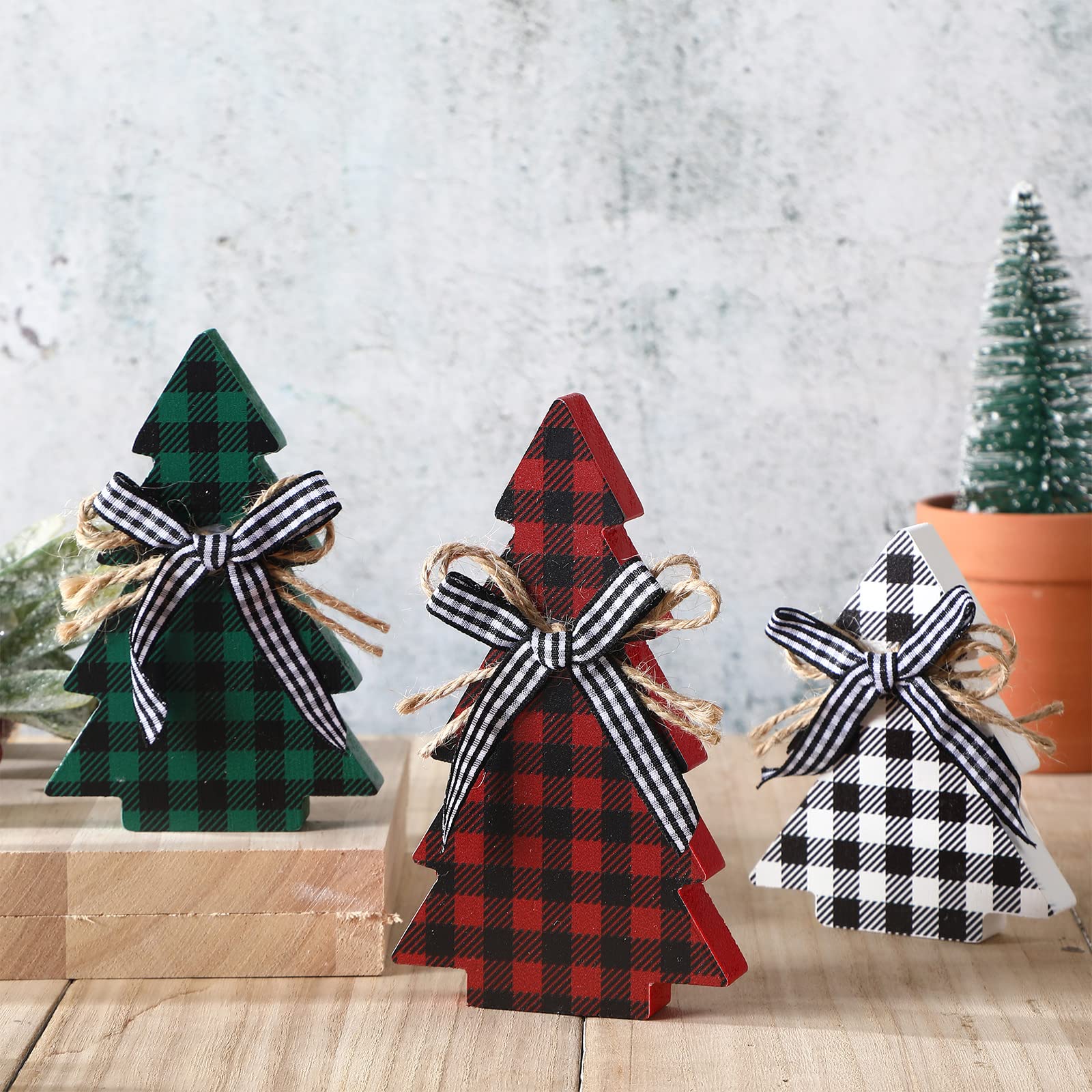 Christmas Decor 3 Pieces Wood Table Christmas Tree Rustic Christmas Tree Farmhouse Wooden Xmas Centerpiece for Table Small Table Christmas Trees Tiered Tray Decoration (Buffalo Plaid Style)