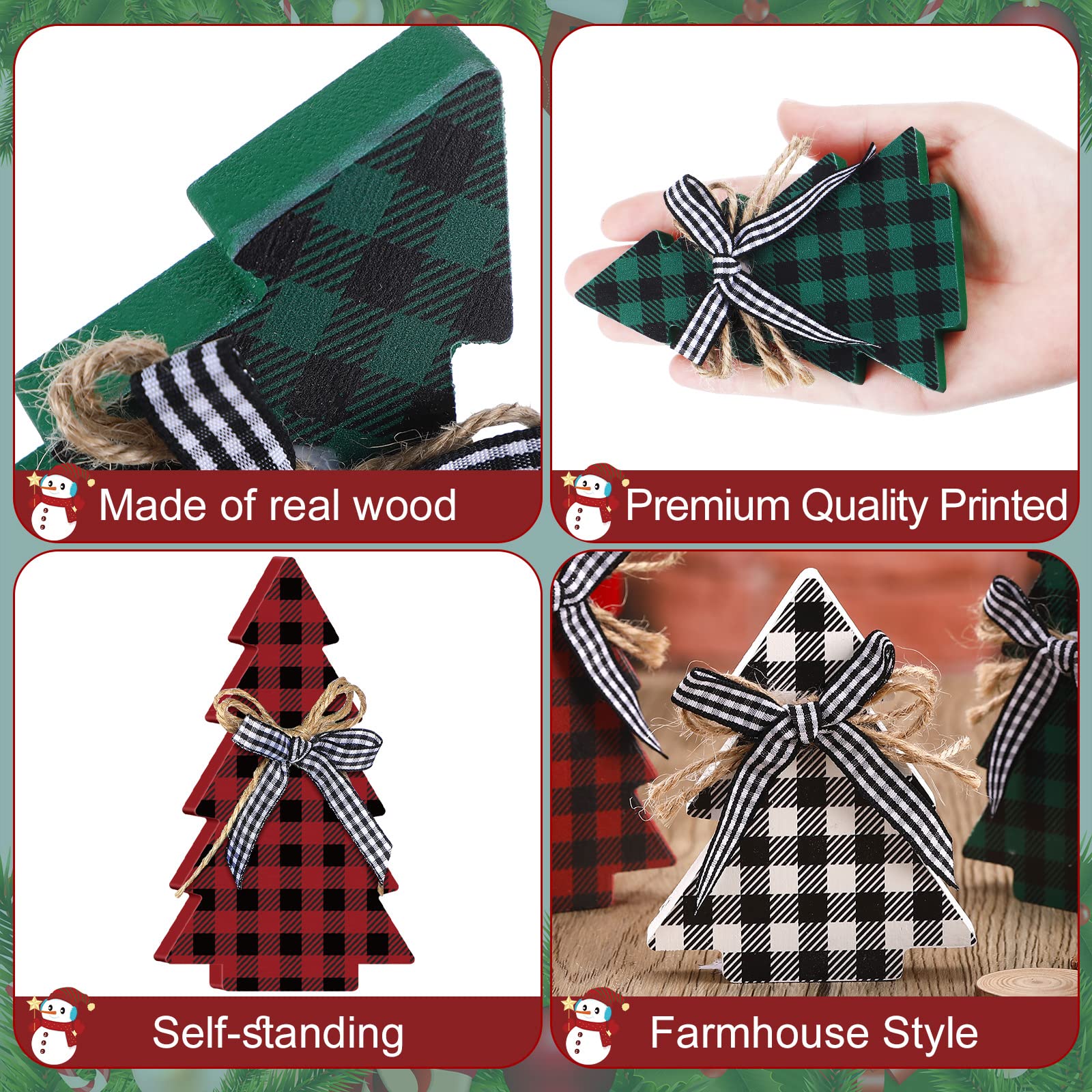 Christmas Decor 3 Pieces Wood Table Christmas Tree Rustic Christmas Tree Farmhouse Wooden Xmas Centerpiece for Table Small Table Christmas Trees Tiered Tray Decoration (Buffalo Plaid Style)